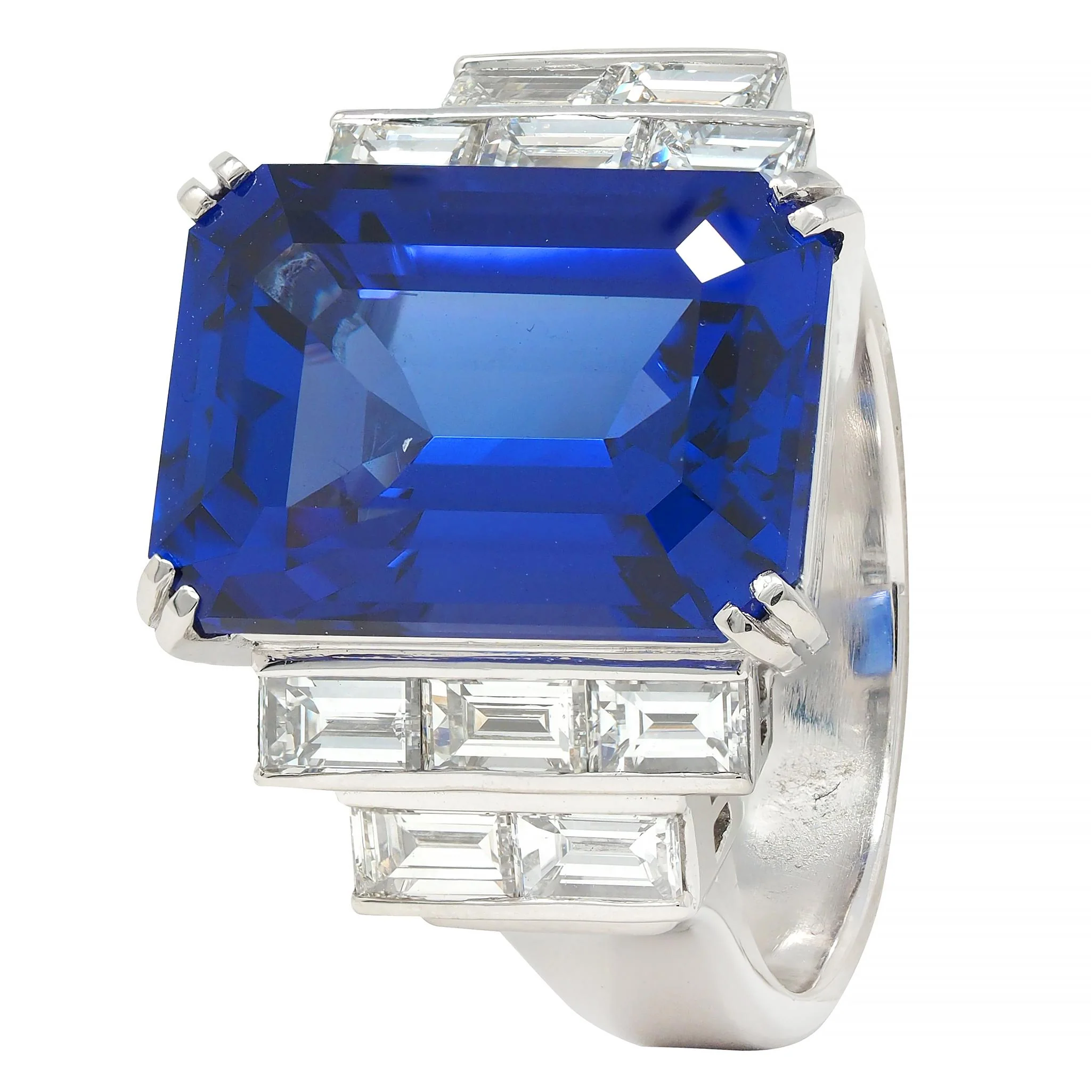 Contemporary 17.90 CTW Tanzanite Diamond Platinum Stepped Cocktail Ring - Image 7