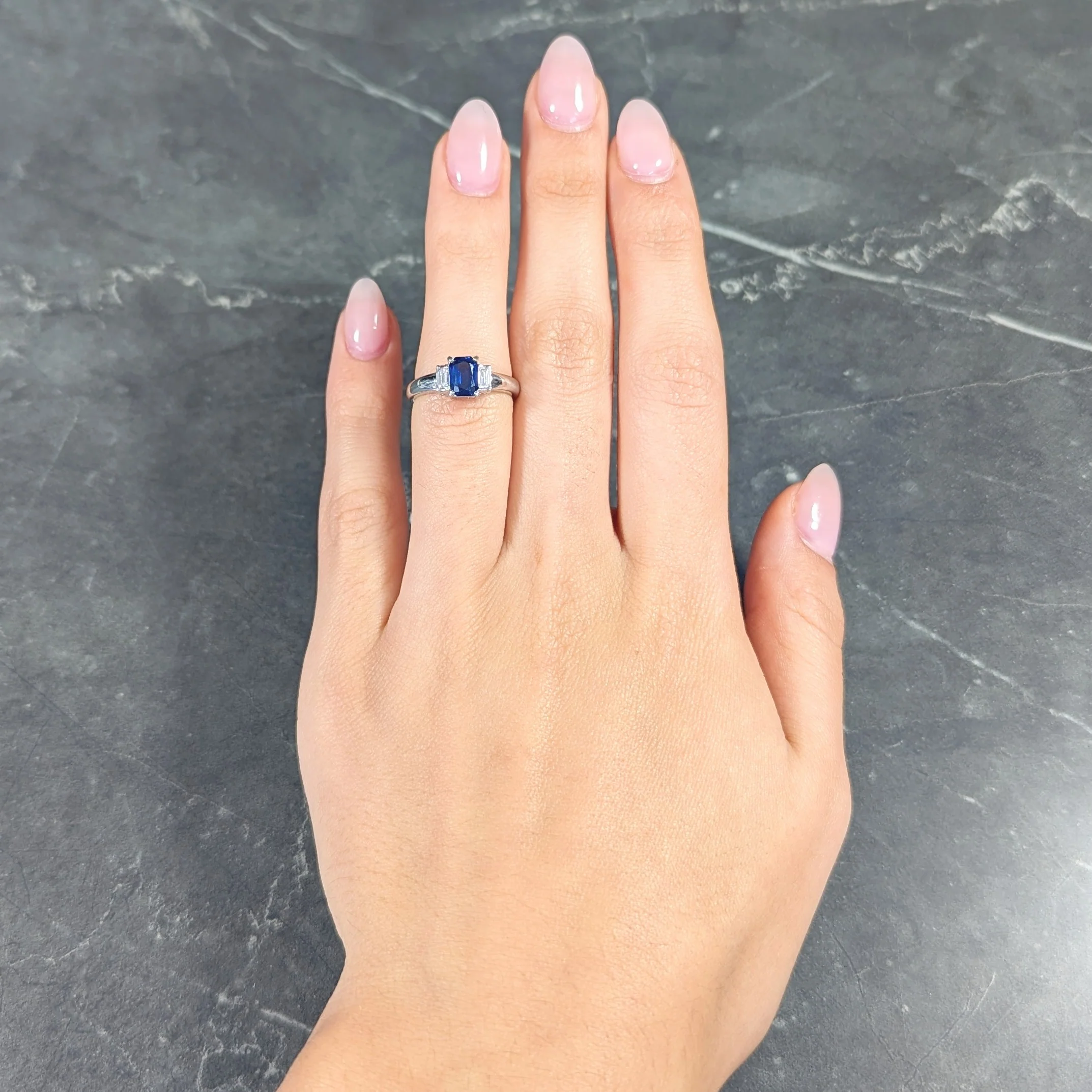 Contemporary 2.01 CTW Cushion Cut Sapphire Diamond Platinum Three Stone Ring - Image 13