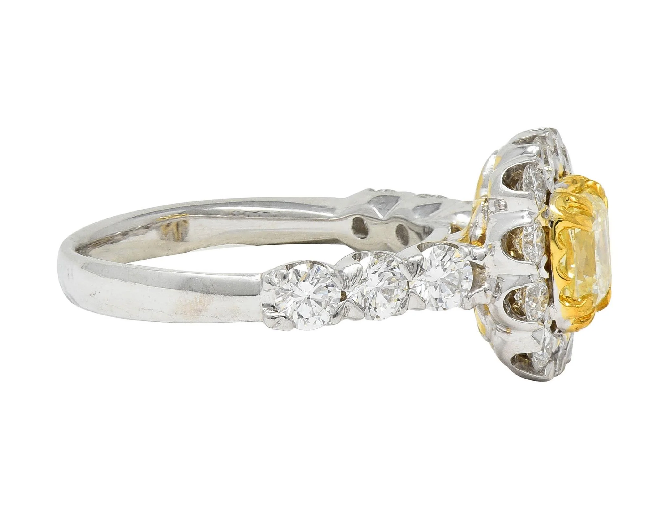 Contemporary 2.09 CTW Cushion Cut Diamond 18 Karat Two-Tone Gold Halo Engagement Ring GIA - Image 4