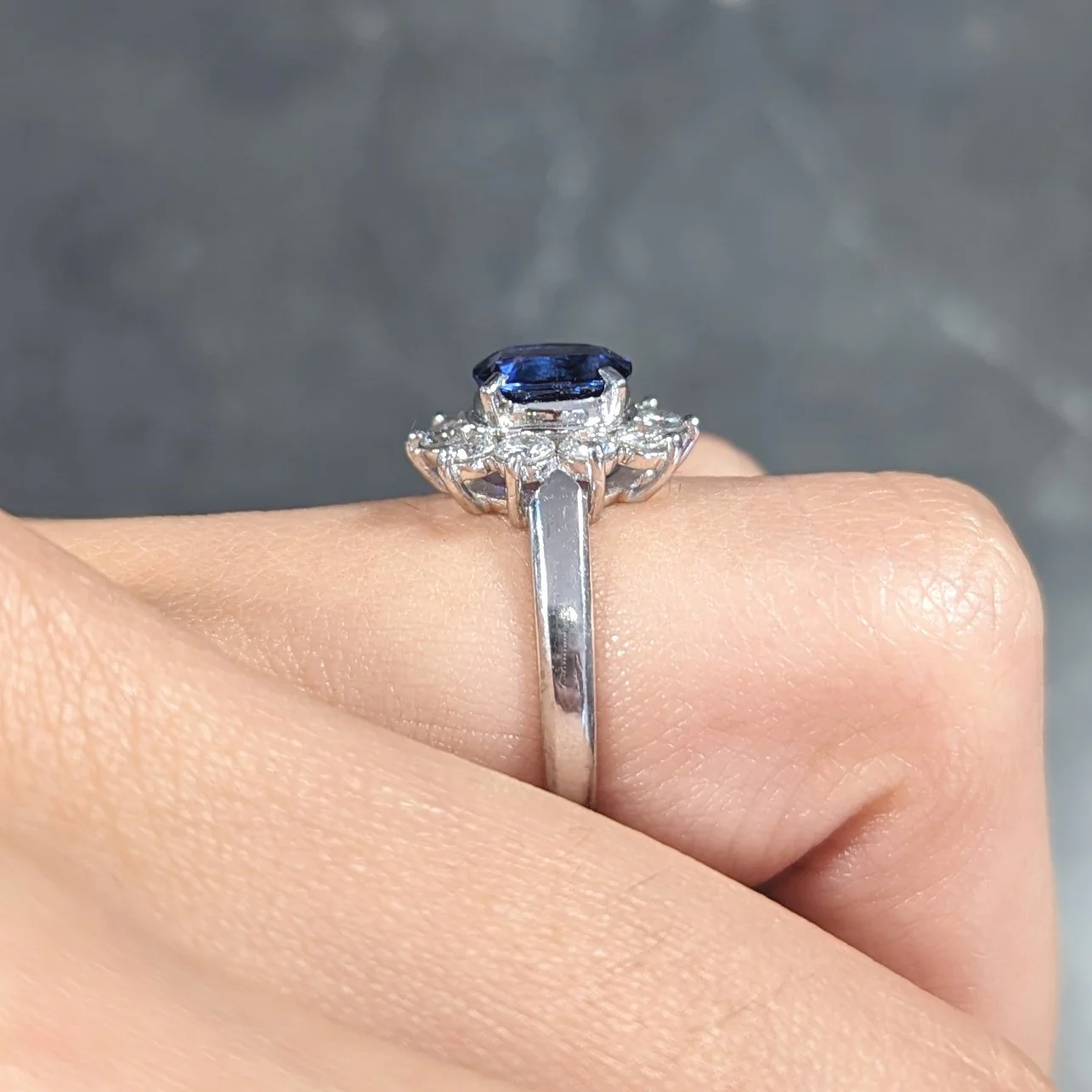 Contemporary 2.13 CTW Cushion Cut Sapphire Diamond Platinum Halo Ring - Image 11