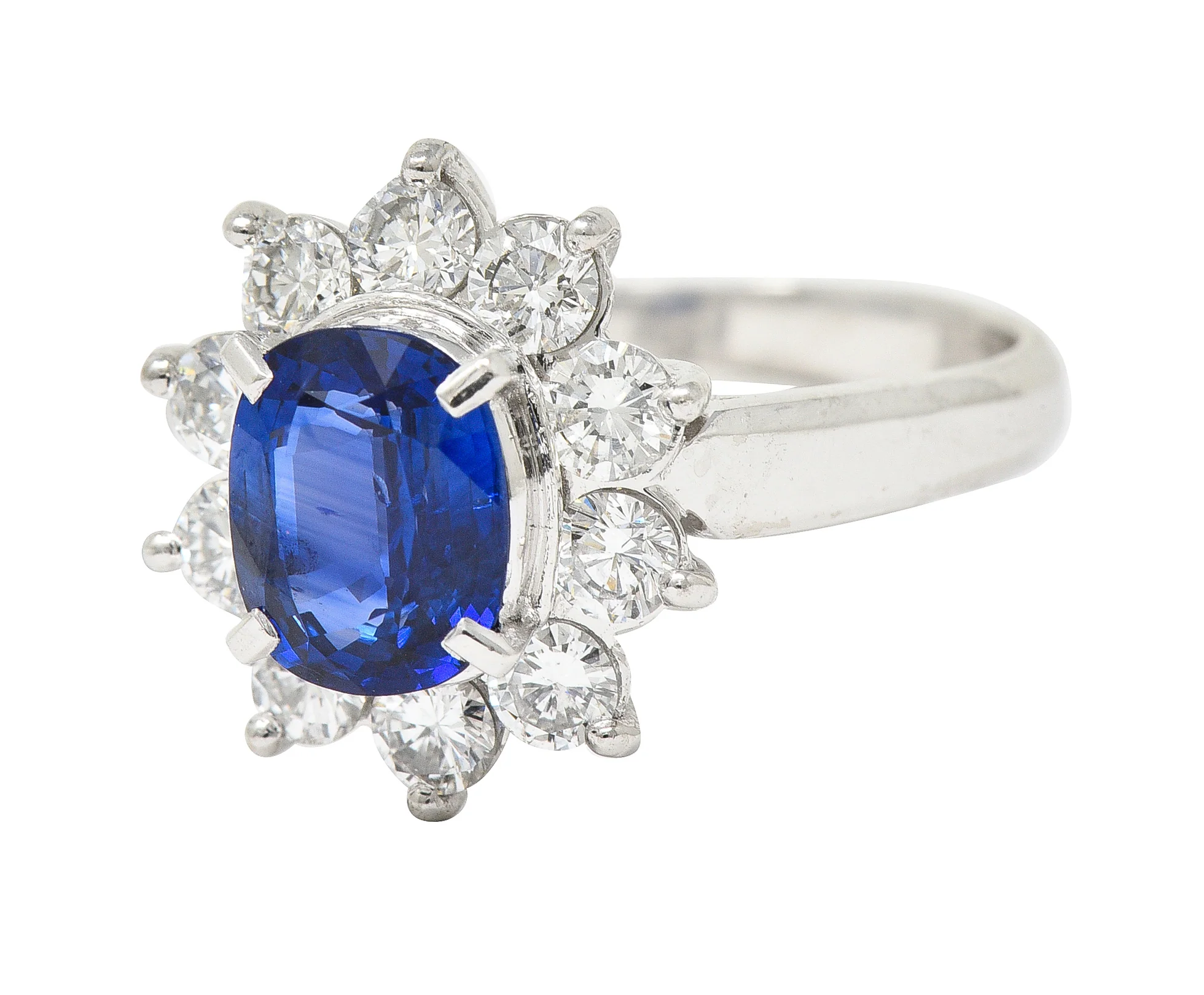 Contemporary 2.13 CTW Cushion Cut Sapphire Diamond Platinum Halo Ring - Image 6