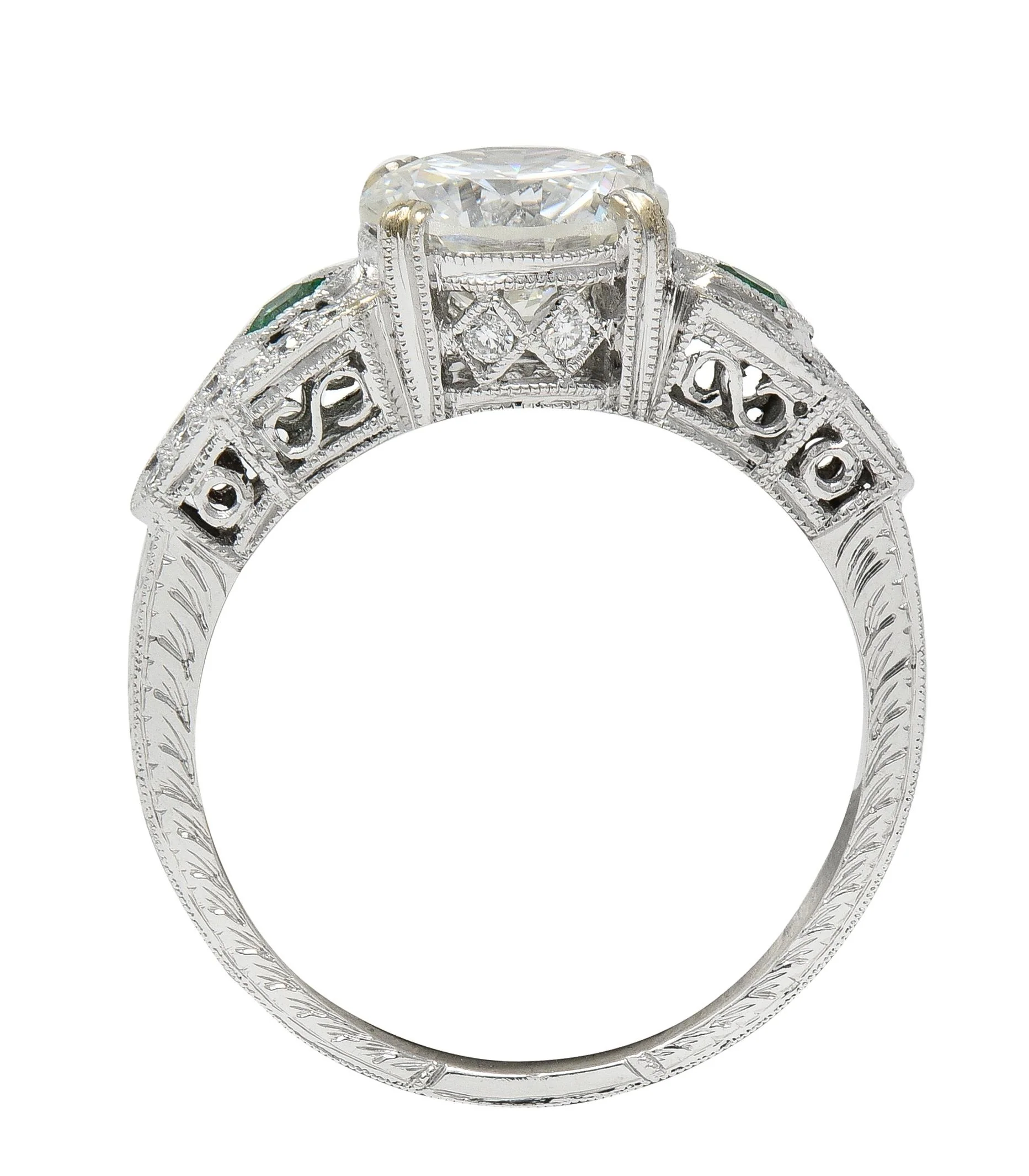 Contemporary 2.21 CTW Old European Cut Diamond Emerald 18 Karat White Gold Engagement Ring GIA - Image 9
