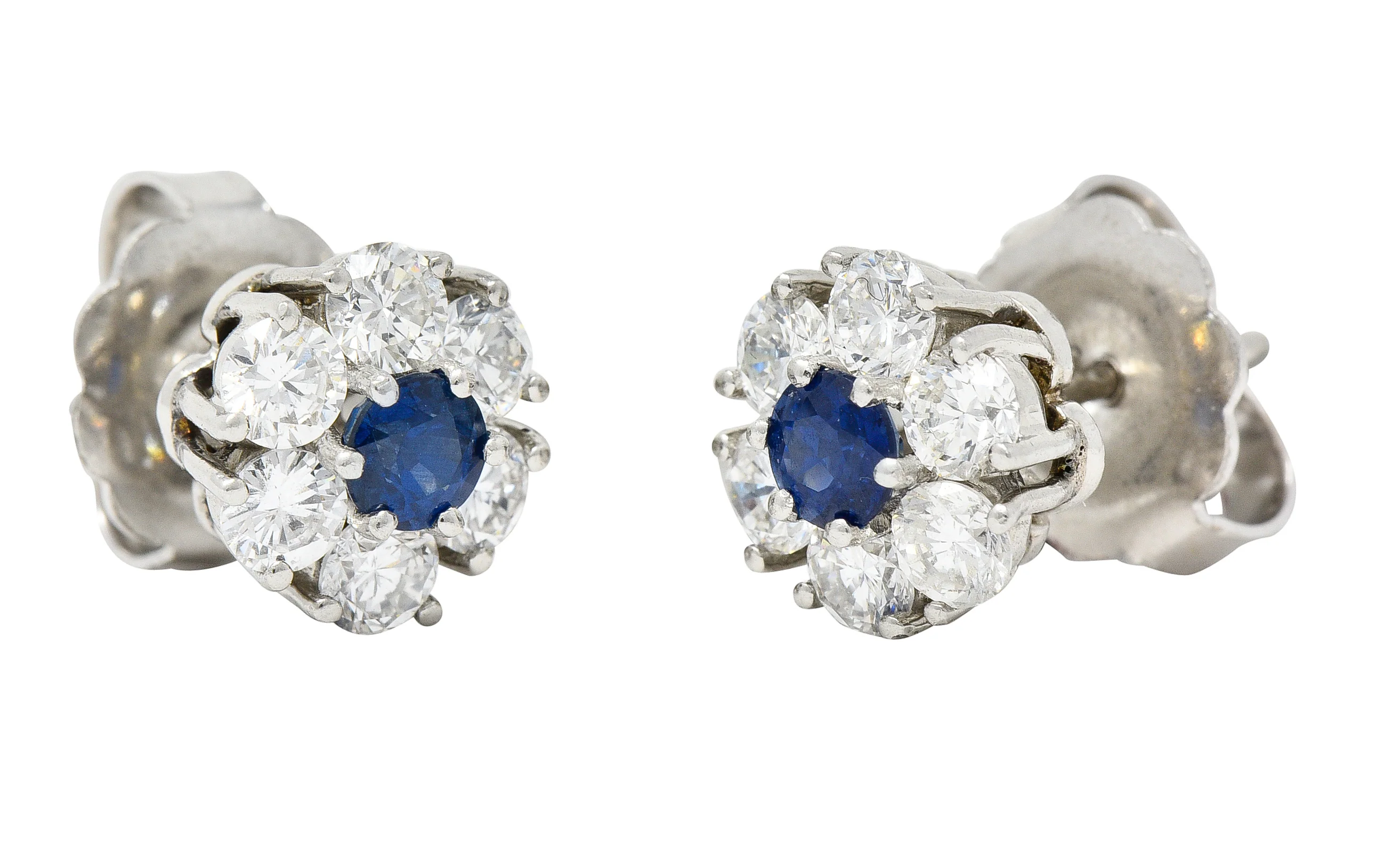 Contemporary 2.32 CTW Diamond Sapphire Platinum Floral Cluster Earrings - Image 6