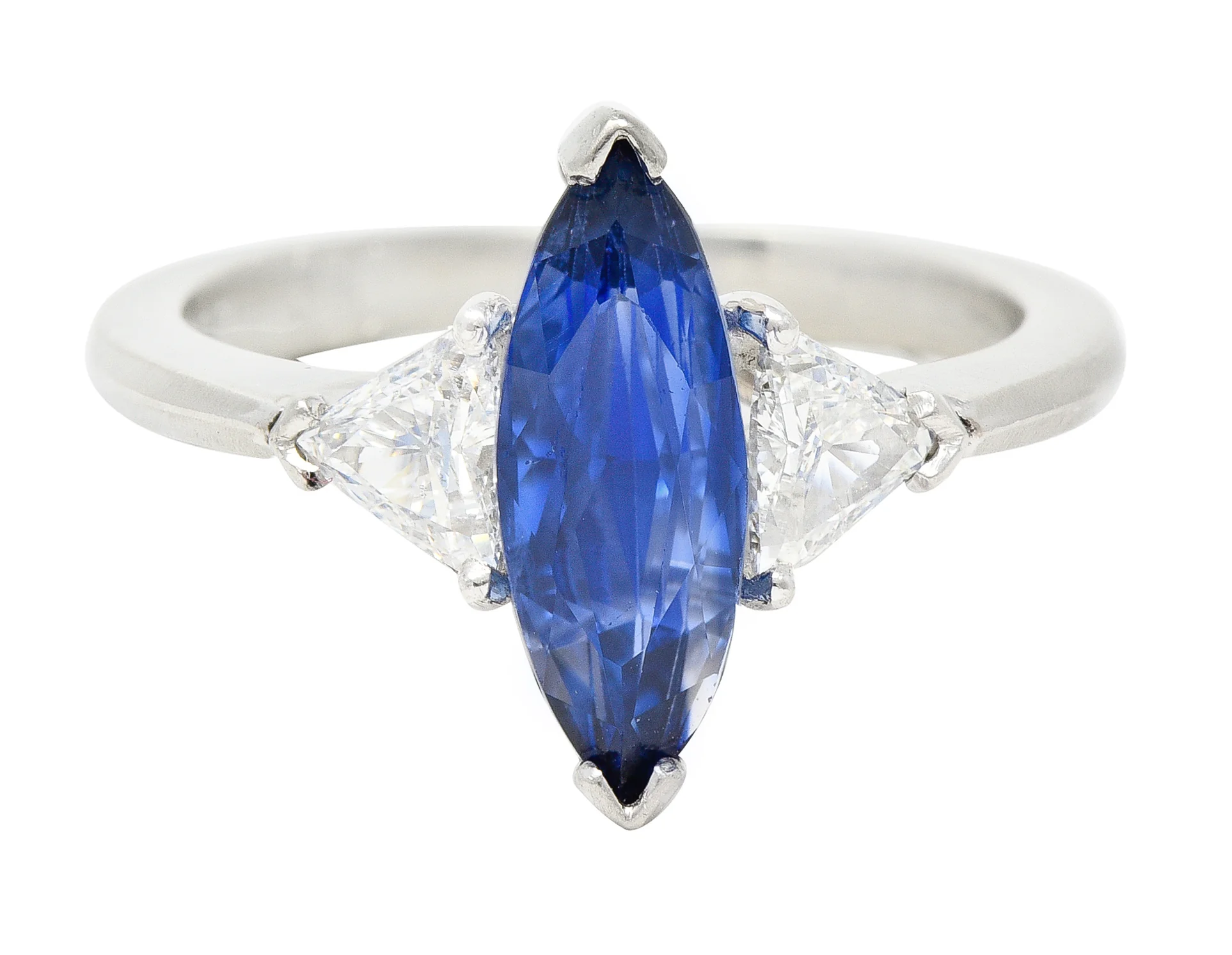 Contemporary 2.44 CTW Marquise Cut Sapphire Trillion Cut Diamond Platinum Three Stone Ring