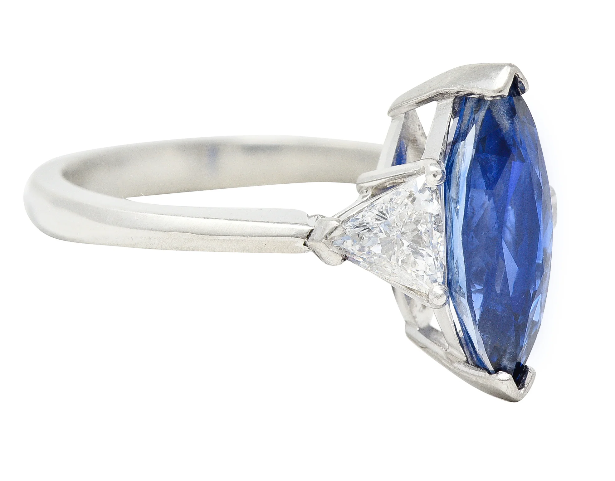 Contemporary 2.44 CTW Marquise Cut Sapphire Trillion Cut Diamond Platinum Three Stone Ring - Image 2