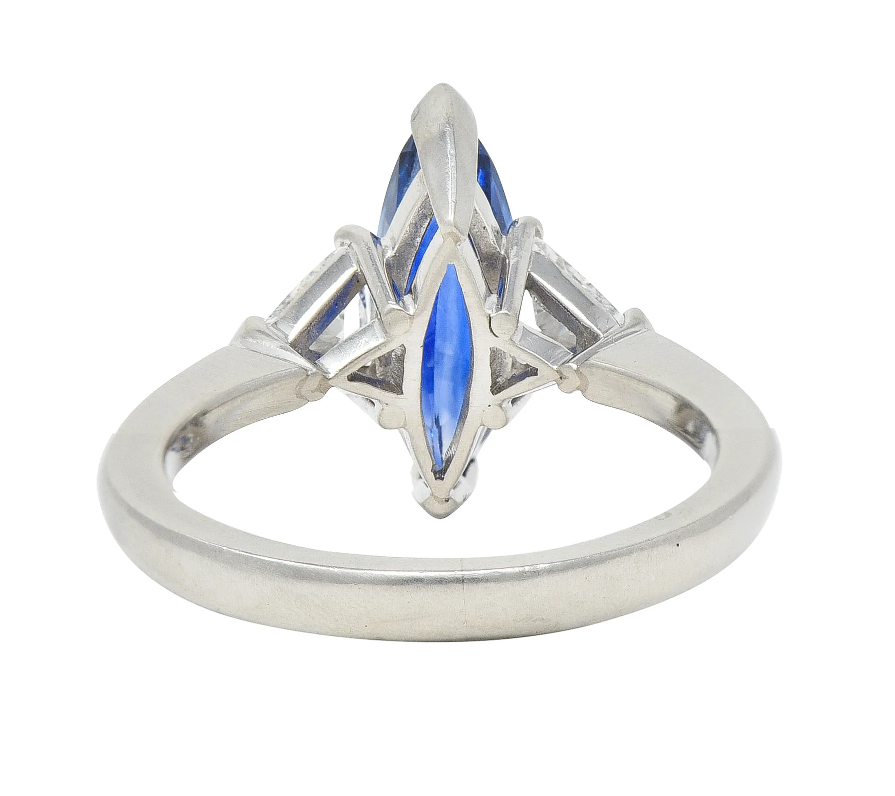 Contemporary 2.44 CTW Marquise Cut Sapphire Trillion Cut Diamond Platinum Three Stone Ring - Image 4
