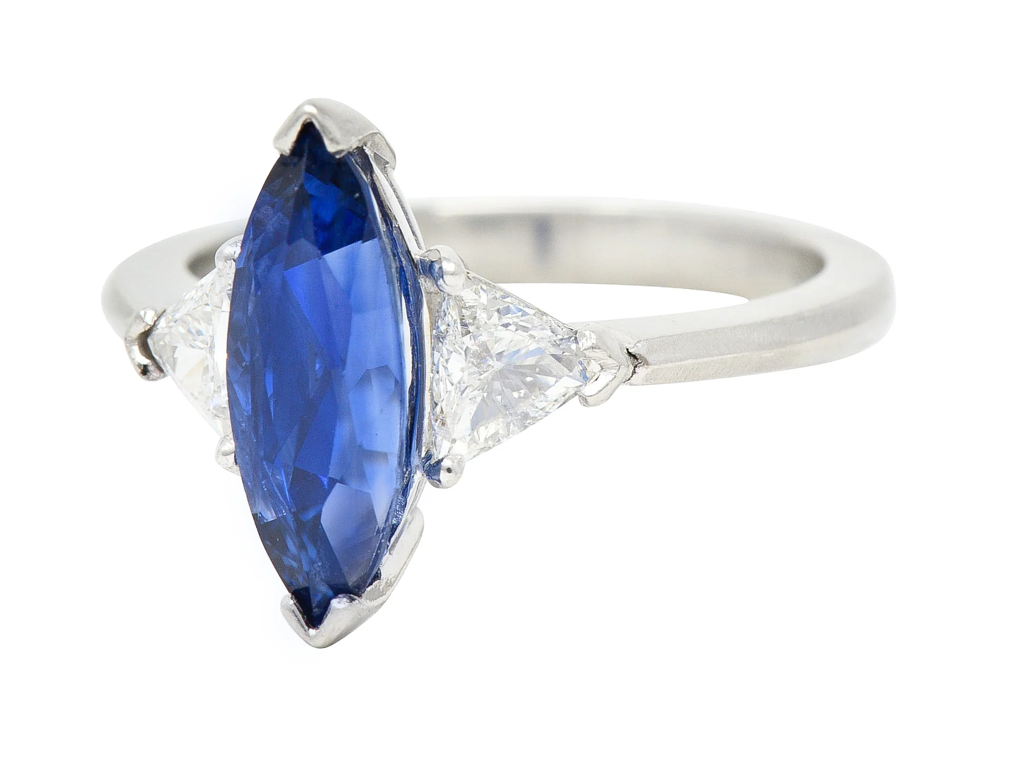 Contemporary 2.44 CTW Marquise Cut Sapphire Trillion Cut Diamond Platinum Three Stone Ring - Image 6
