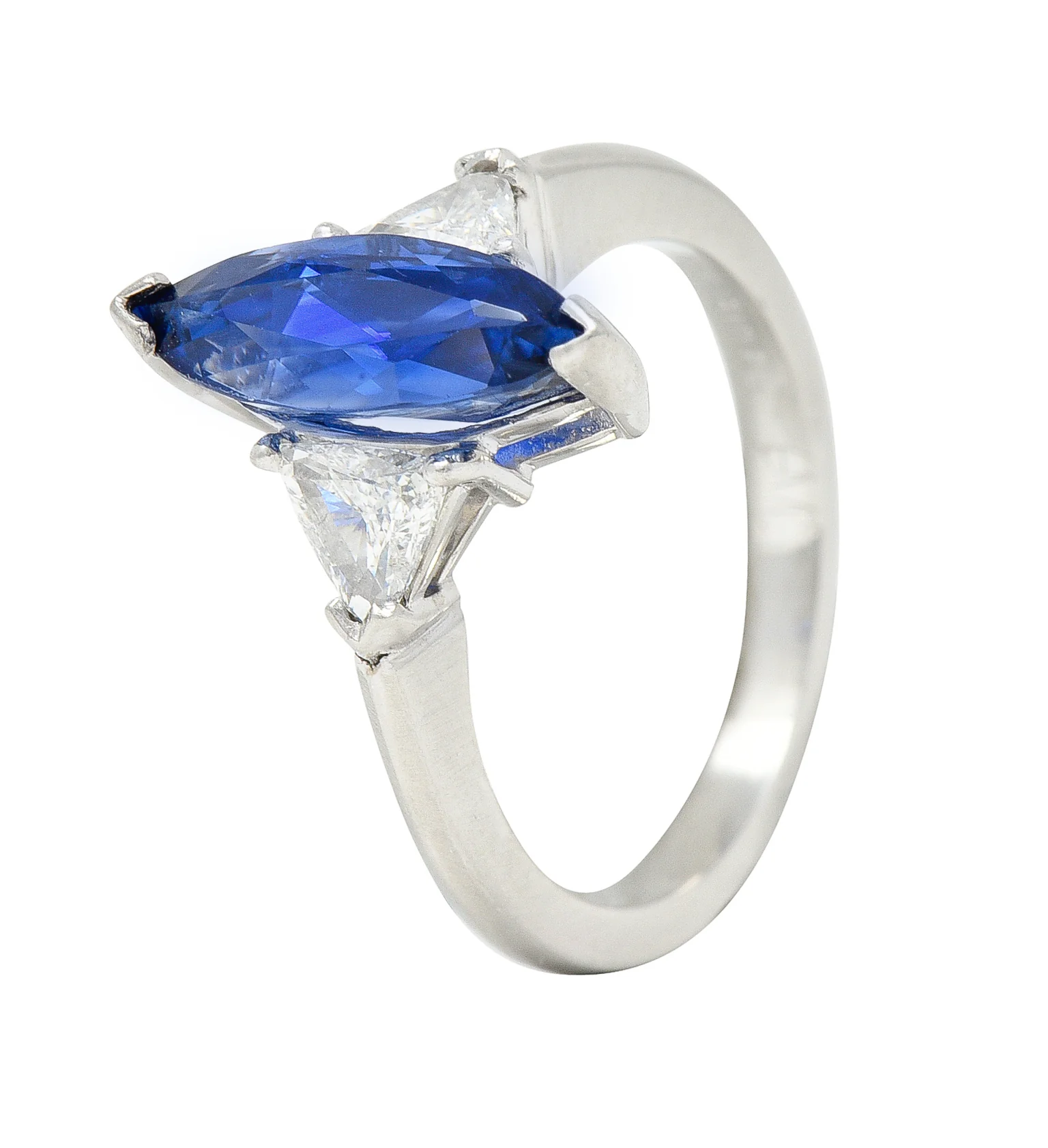 Contemporary 2.44 CTW Marquise Cut Sapphire Trillion Cut Diamond Platinum Three Stone Ring - Image 8