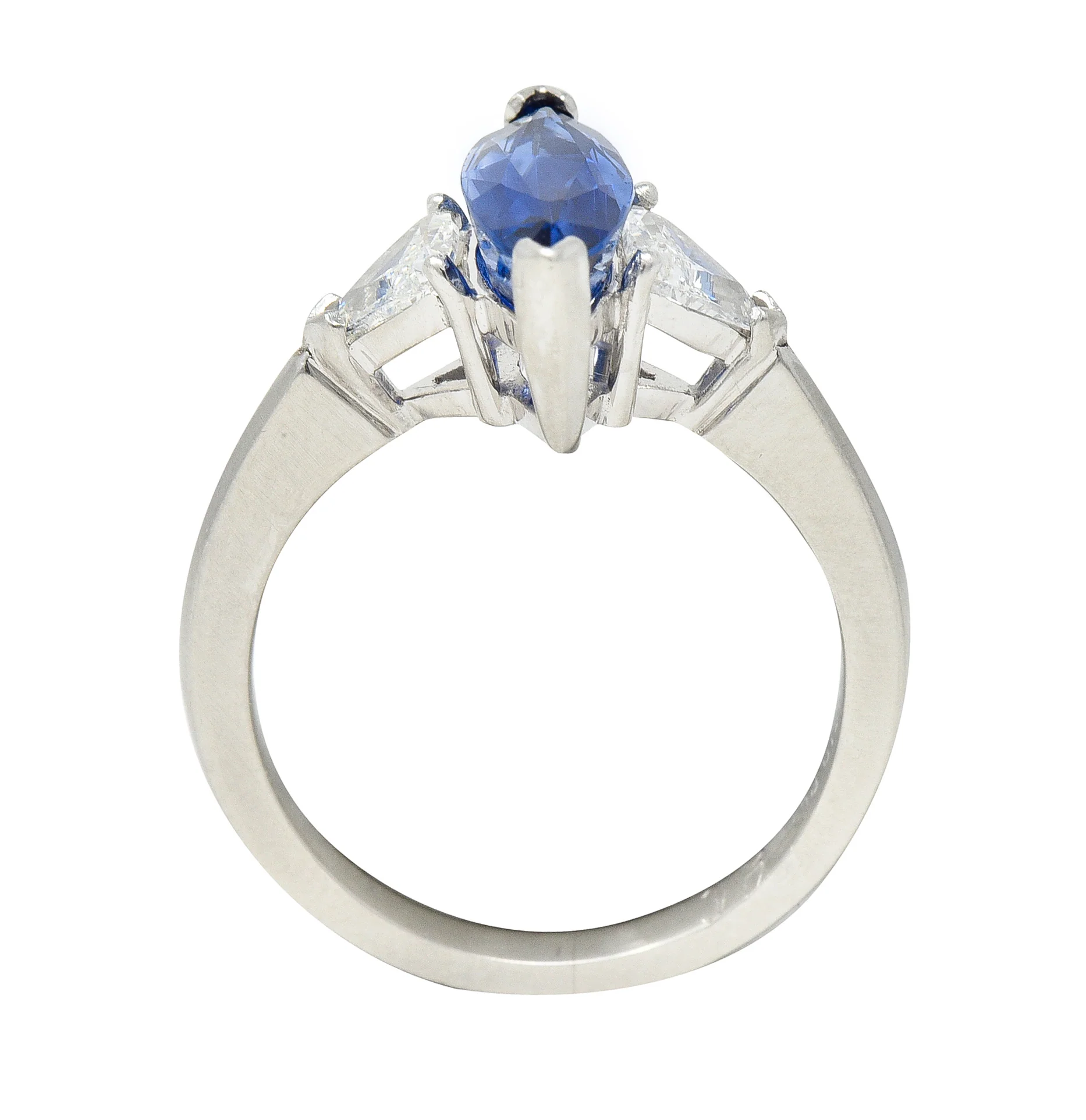 Contemporary 2.44 CTW Marquise Cut Sapphire Trillion Cut Diamond Platinum Three Stone Ring - Image 9