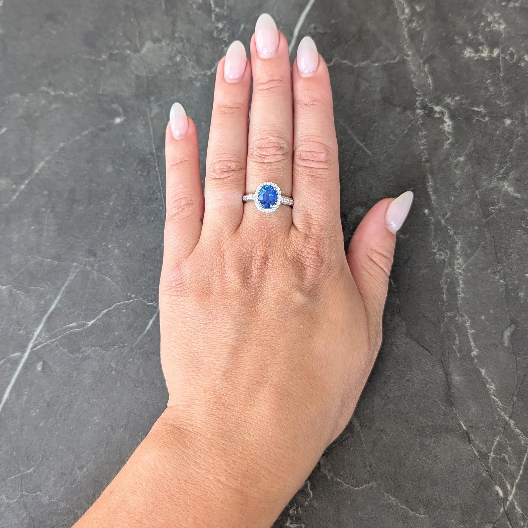 Contemporary 2.56 CTW Sapphire Diamond 18 Karat White Gold Halo Ring - Image 10