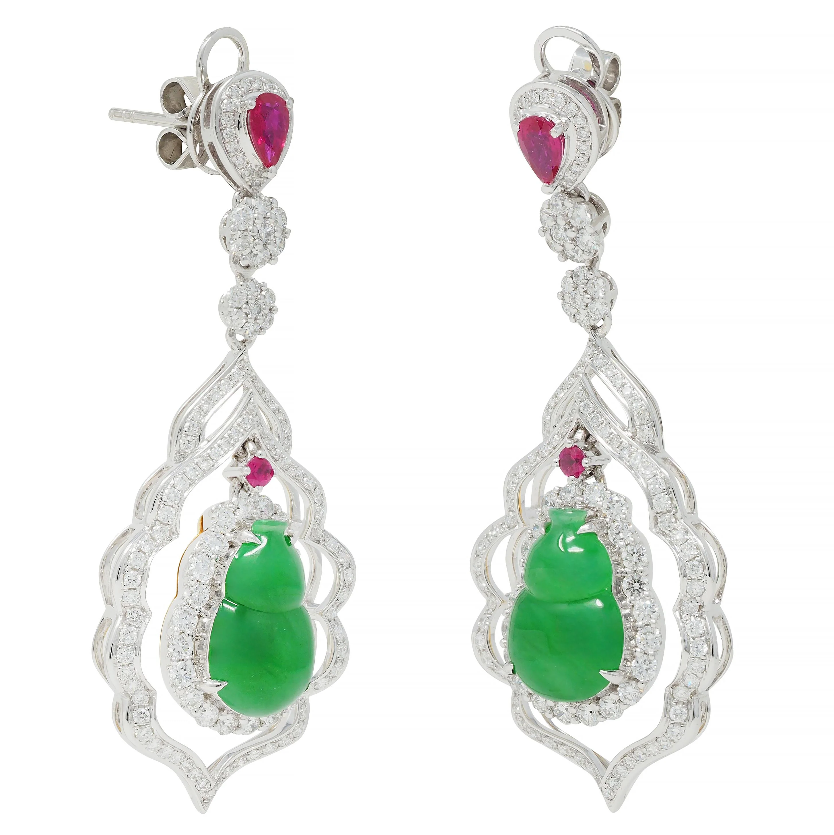 Contemporary 2.69 CTW Diamond Ruby Jade 18 Karat Two-Tone Gold Drop Earrings - Image 5