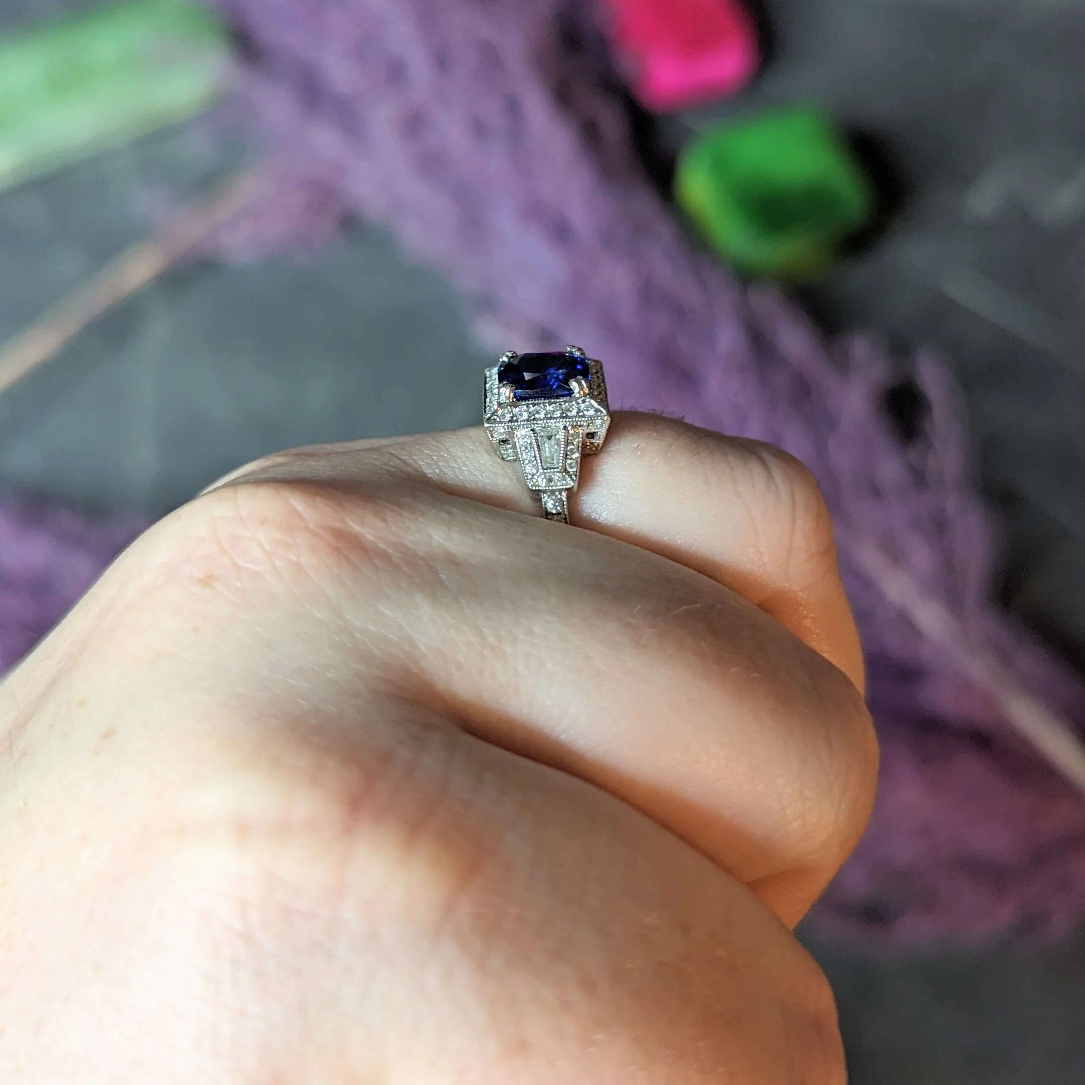 Contemporary 2.76 CTW Cushion Cut Sapphire Diamond 18 Karat White Gold Square Gemstone Ring - Image 15