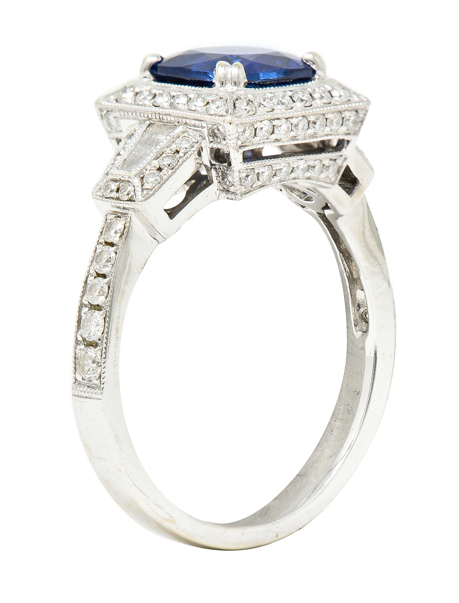 Contemporary 2.76 CTW Cushion Cut Sapphire Diamond 18 Karat White Gold Square Gemstone Ring - Image 2