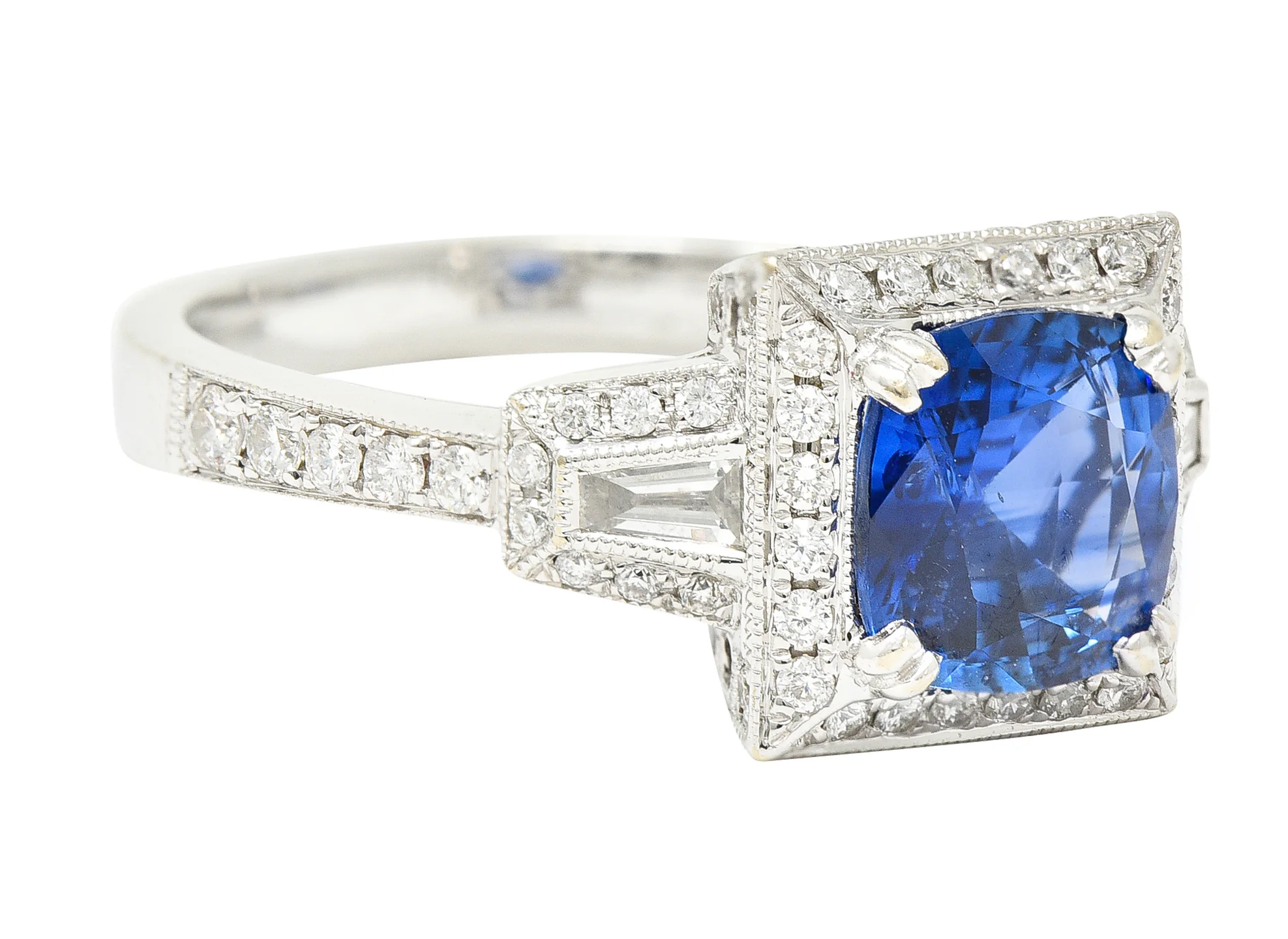 Contemporary 2.76 CTW Cushion Cut Sapphire Diamond 18 Karat White Gold Square Gemstone Ring - Image 3