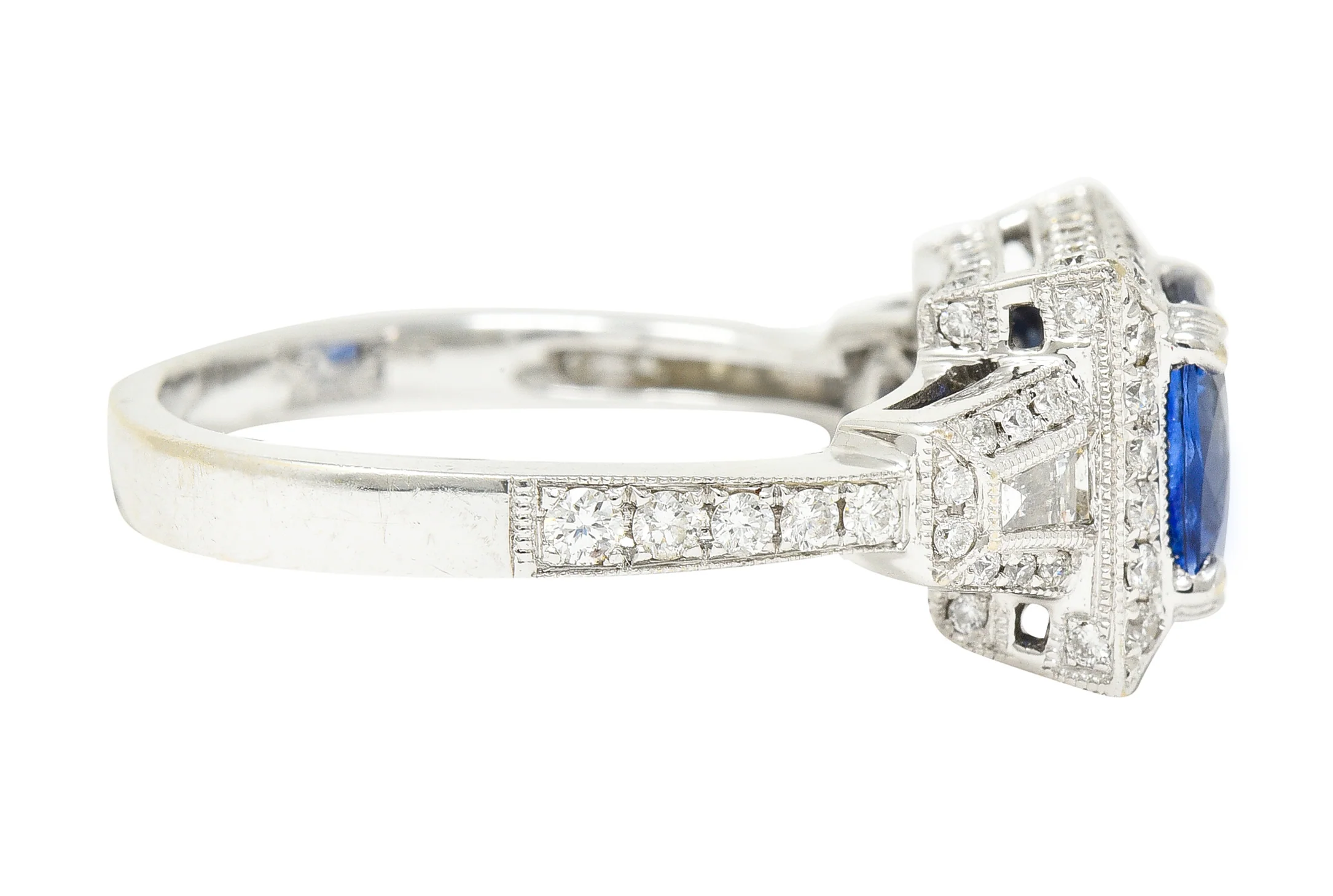 Contemporary 2.76 CTW Cushion Cut Sapphire Diamond 18 Karat White Gold Square Gemstone Ring - Image 4