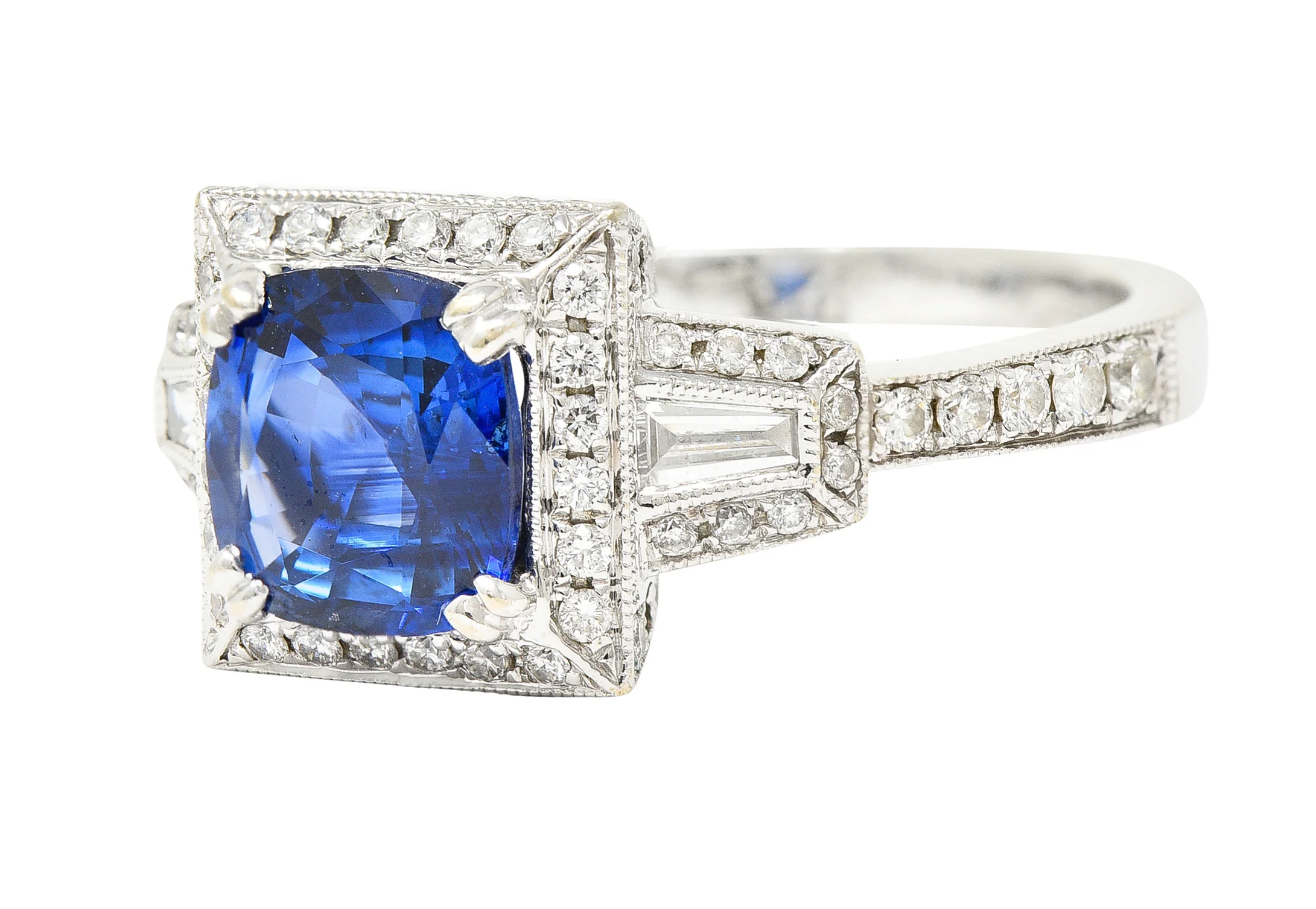 Contemporary 2.76 CTW Cushion Cut Sapphire Diamond 18 Karat White Gold Square Gemstone Ring - Image 7