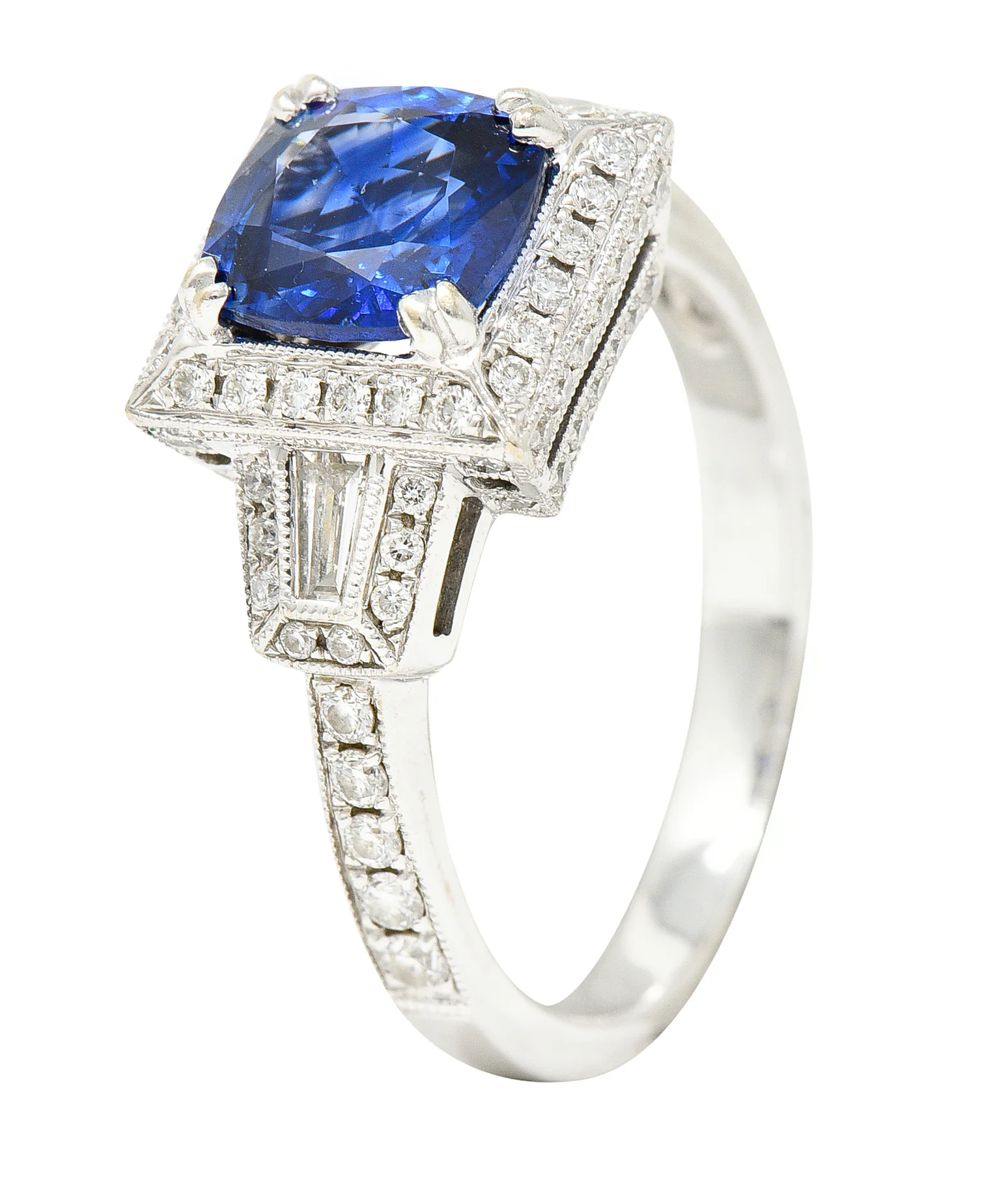 Contemporary 2.76 CTW Cushion Cut Sapphire Diamond 18 Karat White Gold Square Gemstone Ring - Image 9