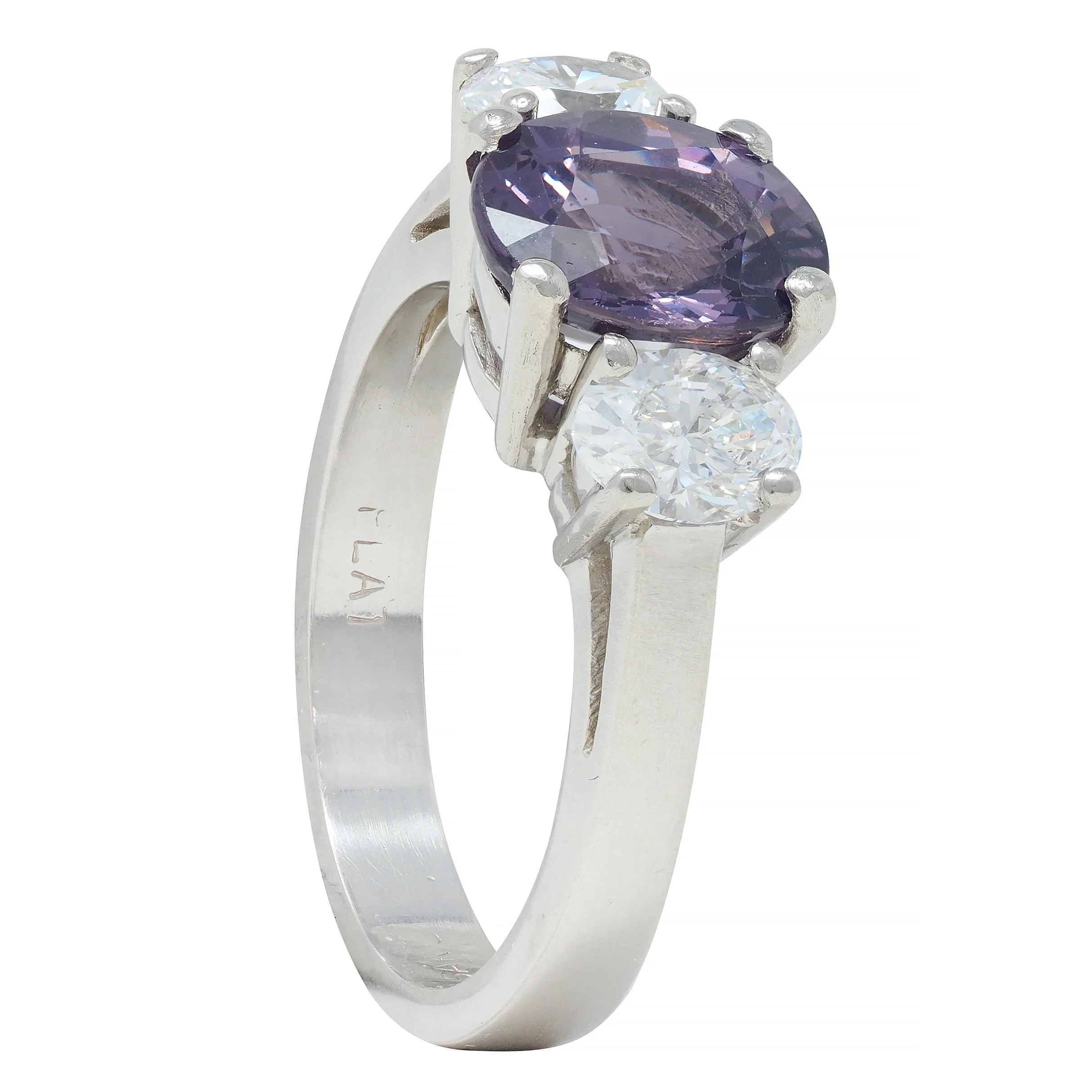 Contemporary 2.78 CTW Oval Cut Spinel Diamond Platinum Three Stone Ring - Image 11