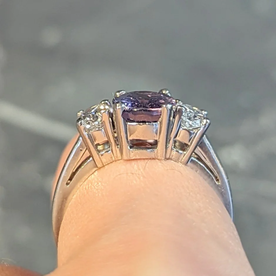 Contemporary 2.78 CTW Oval Cut Spinel Diamond Platinum Three Stone Ring - Image 14