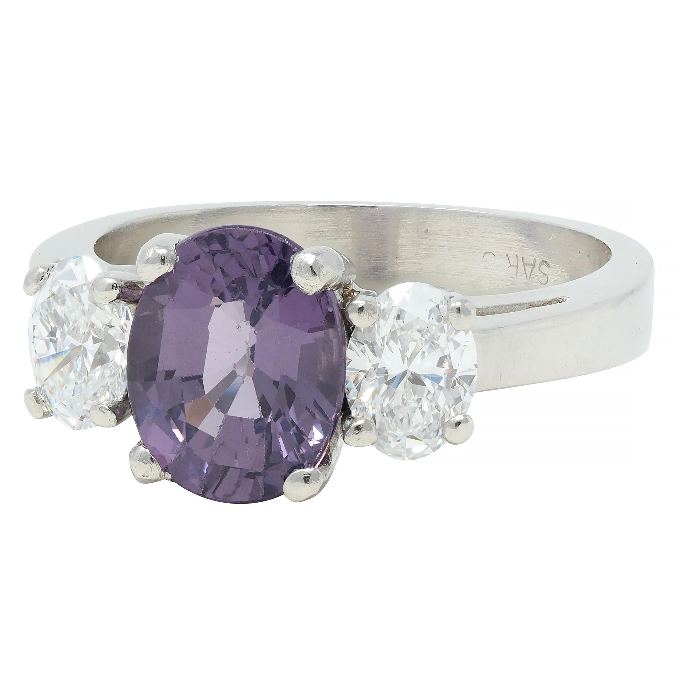 Contemporary 2.78 CTW Oval Cut Spinel Diamond Platinum Three Stone Ring - Image 7