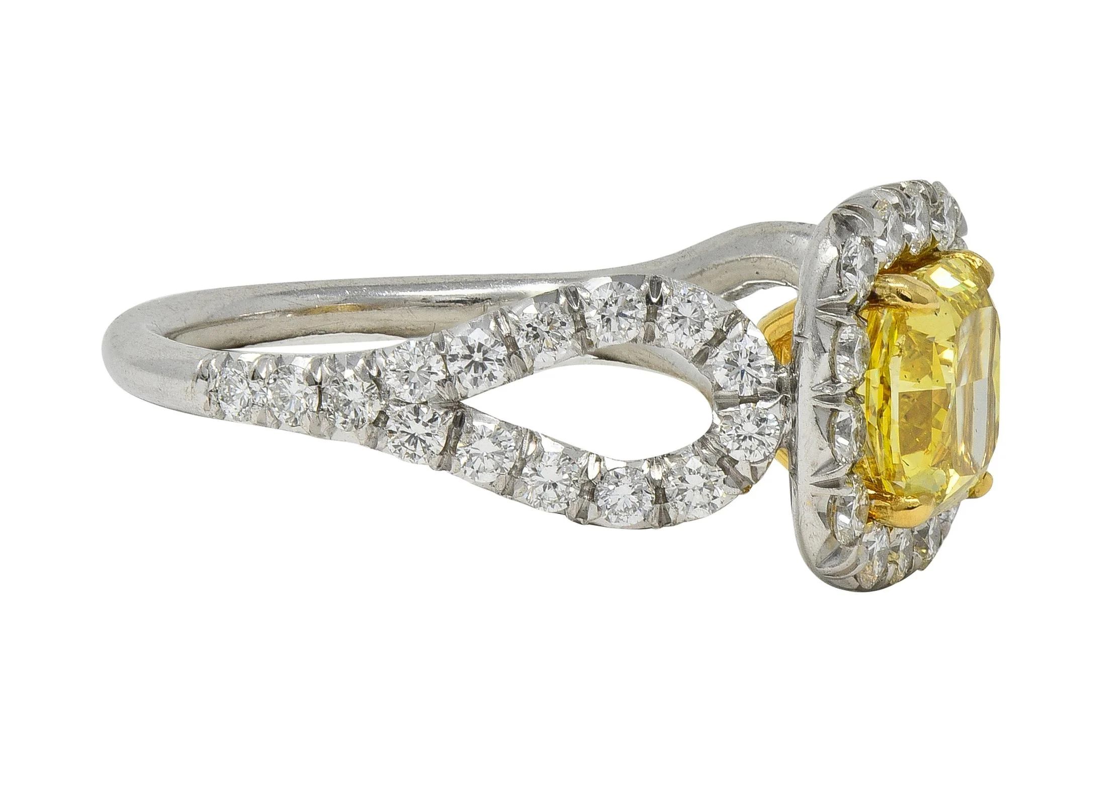 Contemporary 2.79 CTW Fancy Yellow Diamond Platinum 18 Karat Yellow Gold Halo Engagement Ring GIA - Image 3