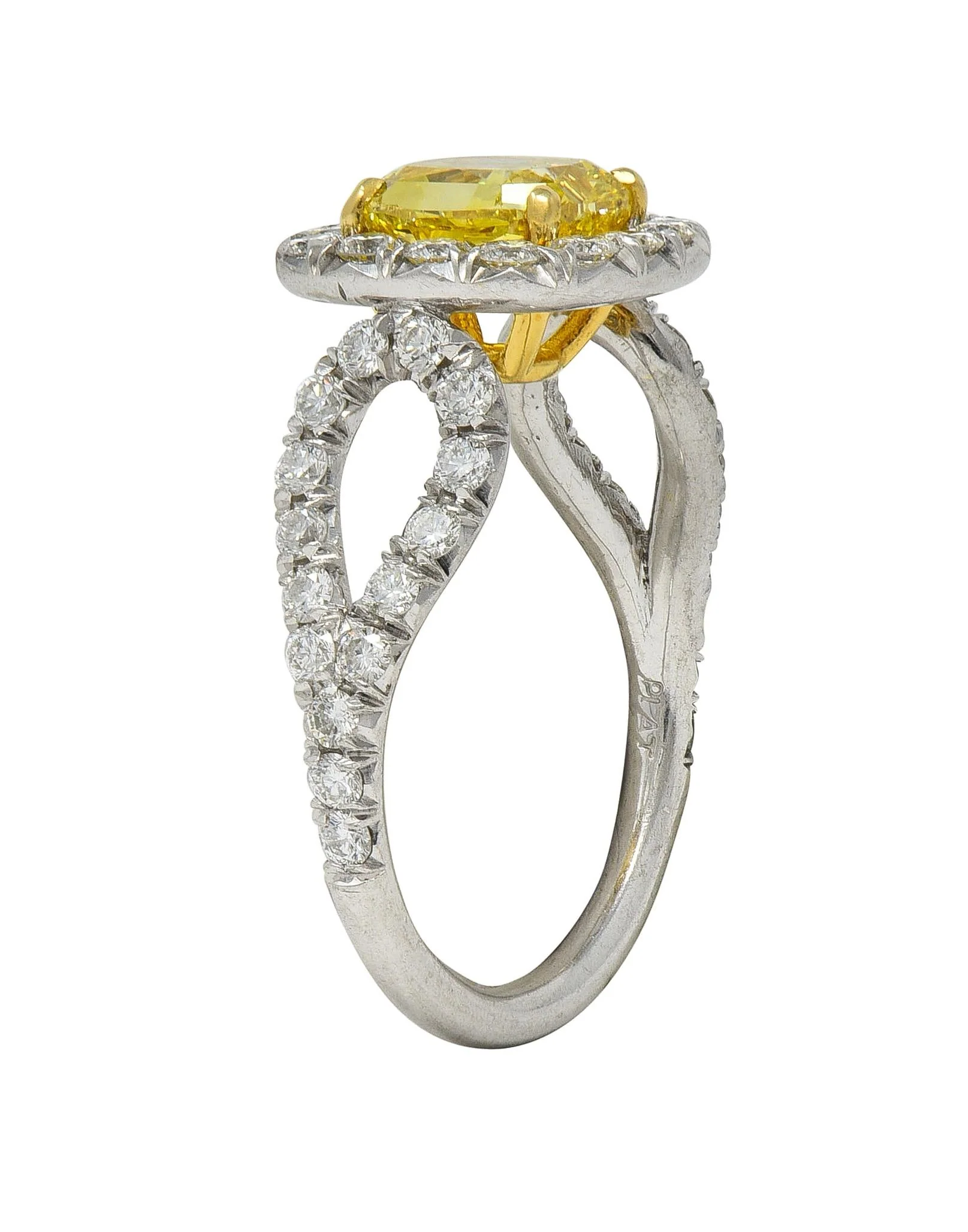 Contemporary 2.79 CTW Fancy Yellow Diamond Platinum 18 Karat Yellow Gold Halo Engagement Ring GIA - Image 9