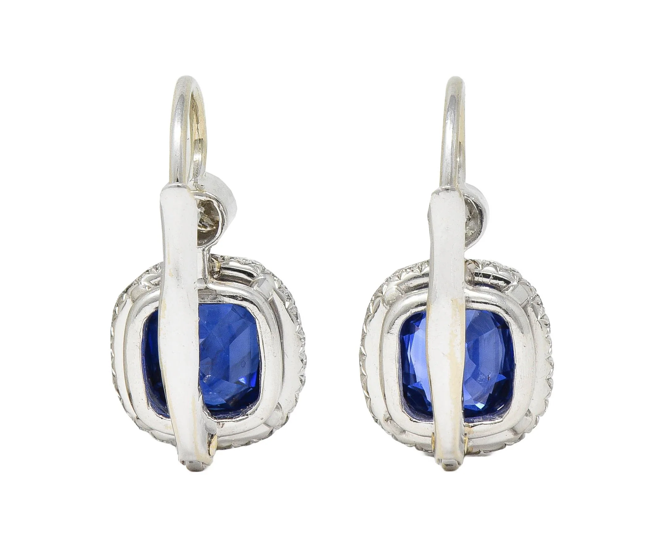 Contemporary 2.90 CTW Sapphire Diamond Platinum Halo Drop Earrings - Image 4