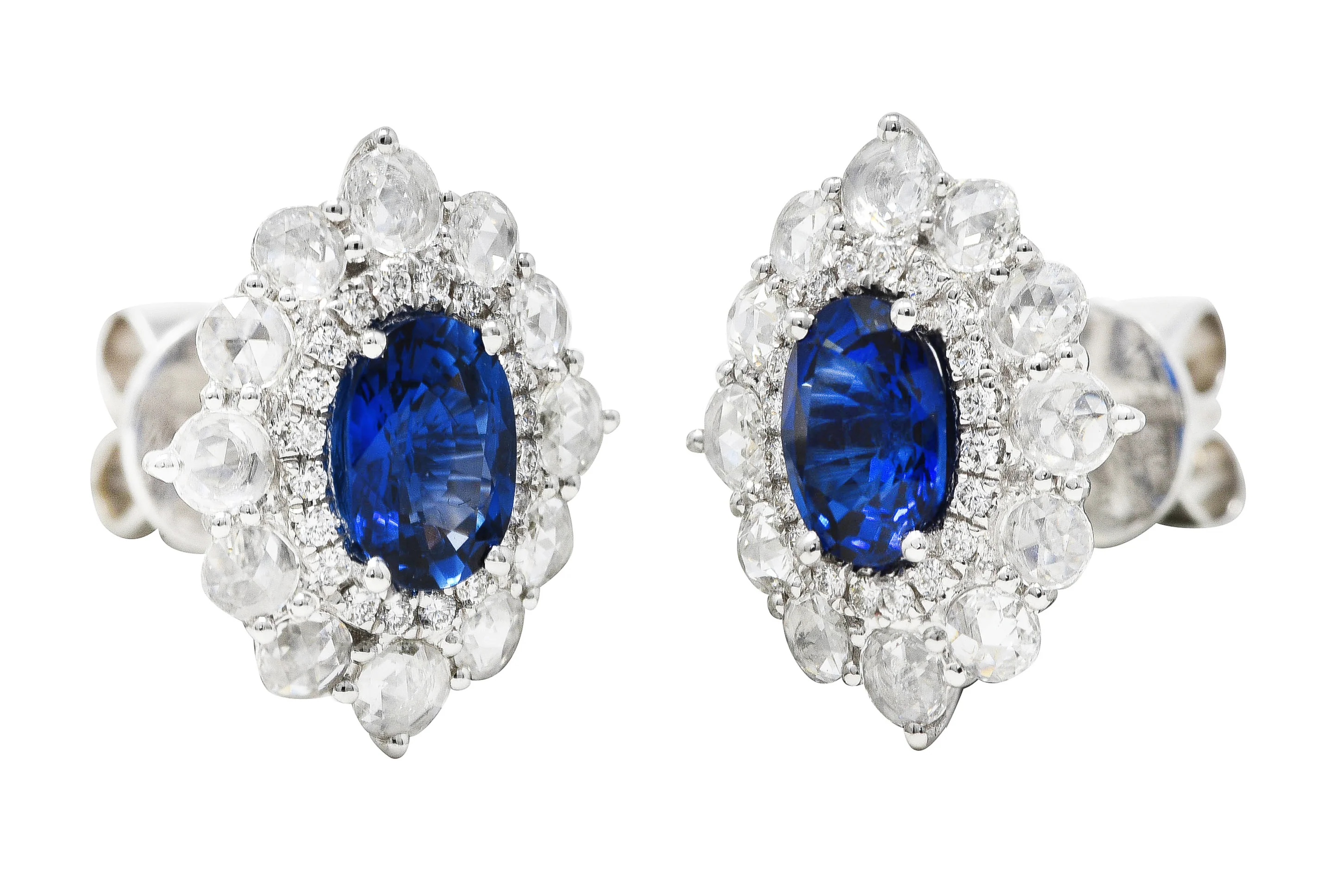 Contemporary 3.00 CTW Oval Cut Sapphire Rose Cut Diamond 18 Karat White Gold Cluster Halo Stud Earrings - Image 5
