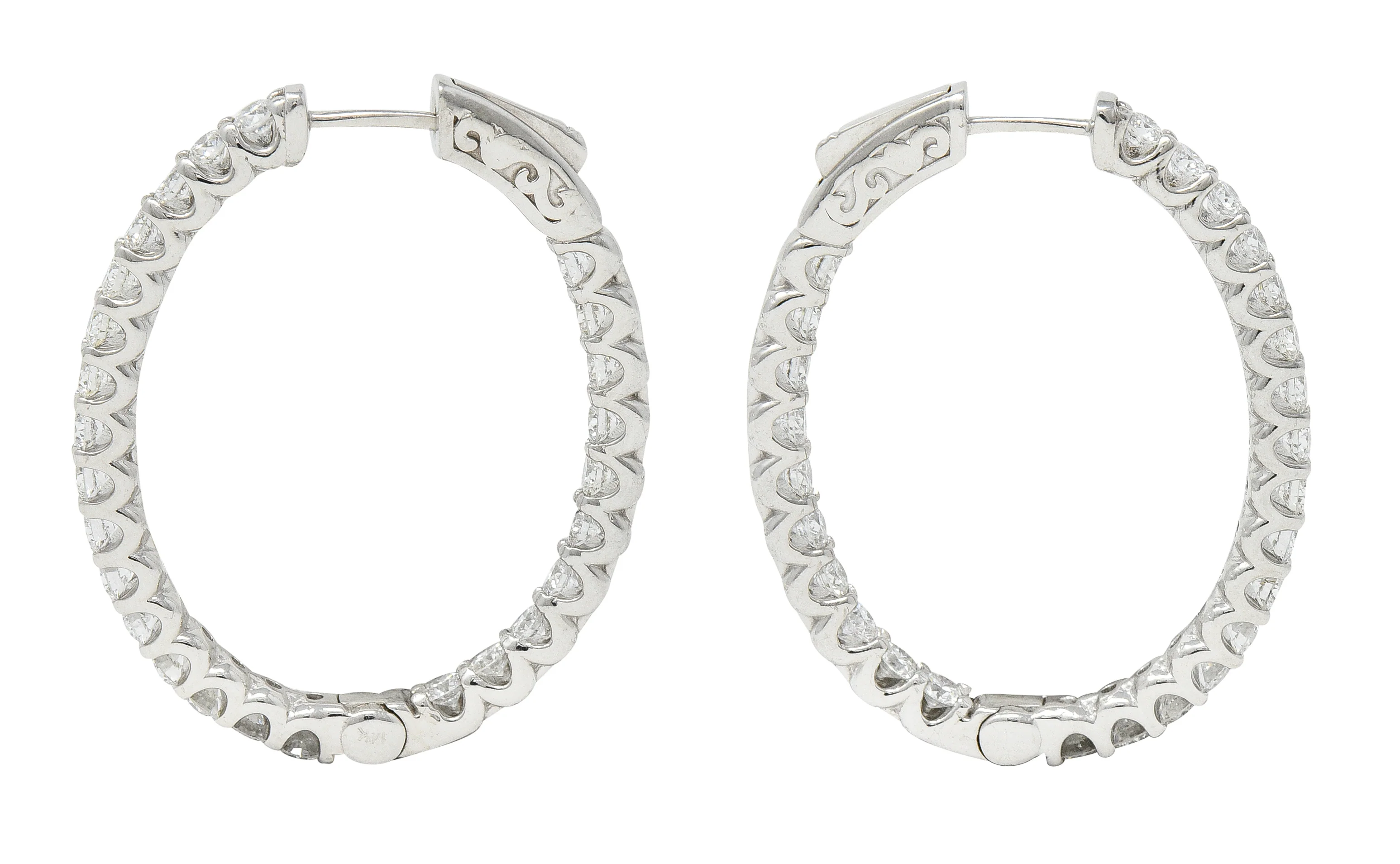 Contemporary 3.12 CTW Diamond 14 Karat White Gold Oval Inside Outside Hoop Earrings - Image 3