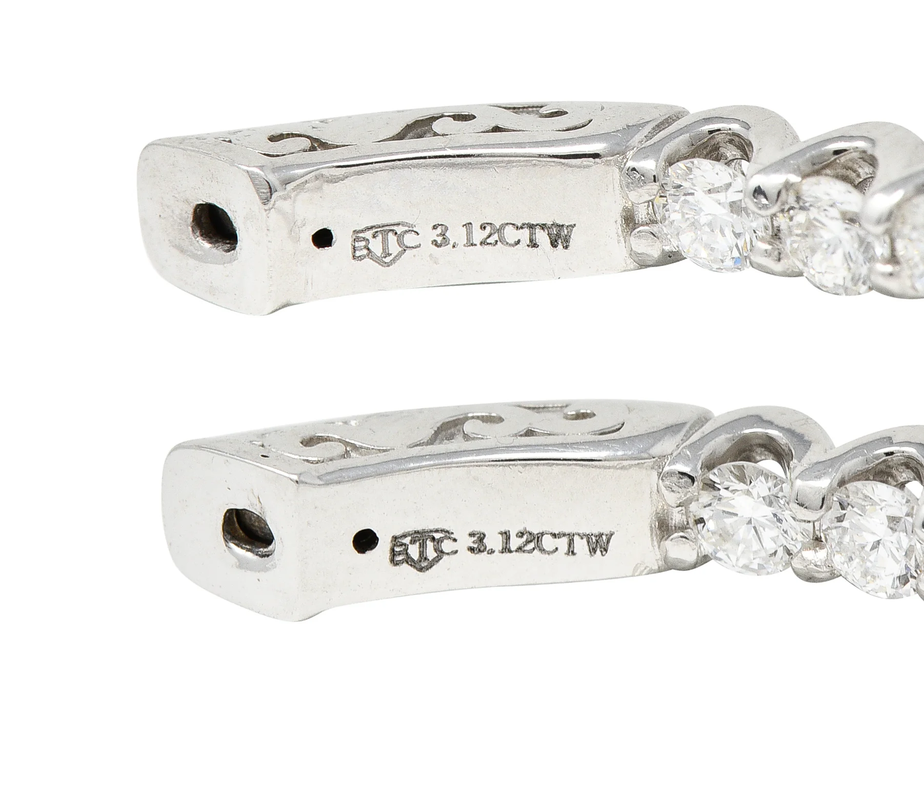 Contemporary 3.12 CTW Diamond 14 Karat White Gold Oval Inside Outside Hoop Earrings - Image 4