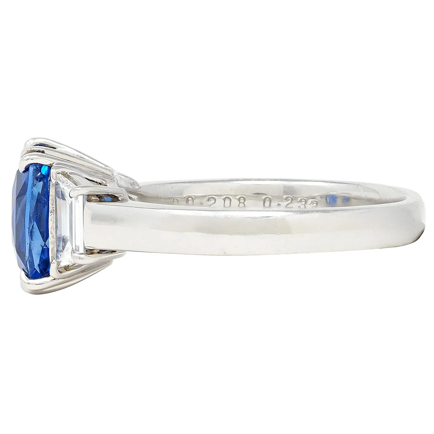 Contemporary 3.26 CTW No Heat Ceylon Sapphire Diamond Platinum Three Stone Ring GIA - Image 5