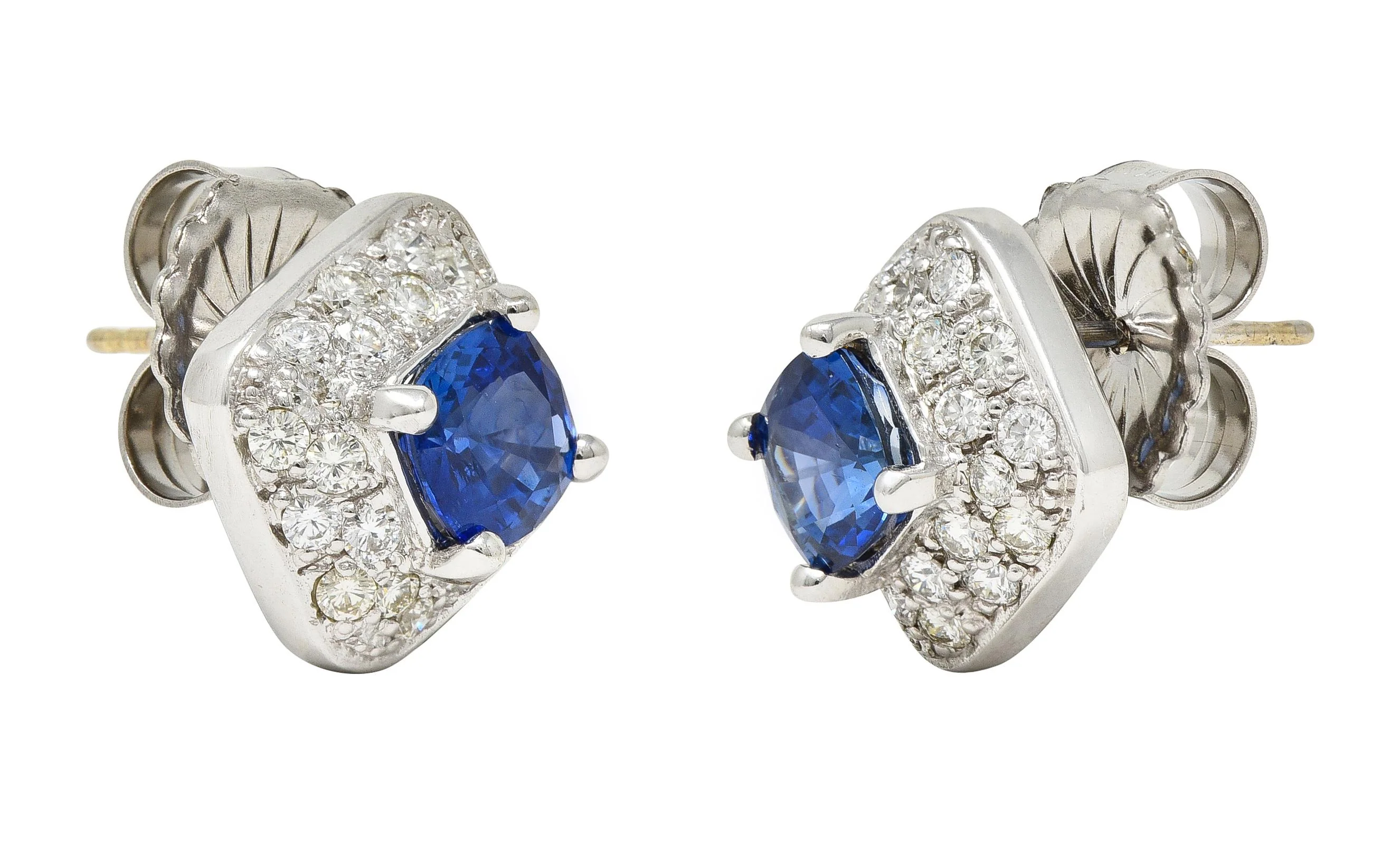 Contemporary 3.44 CTW Sapphire Diamond 18 Karat White Gold Cushion Stud Earrings - Image 5