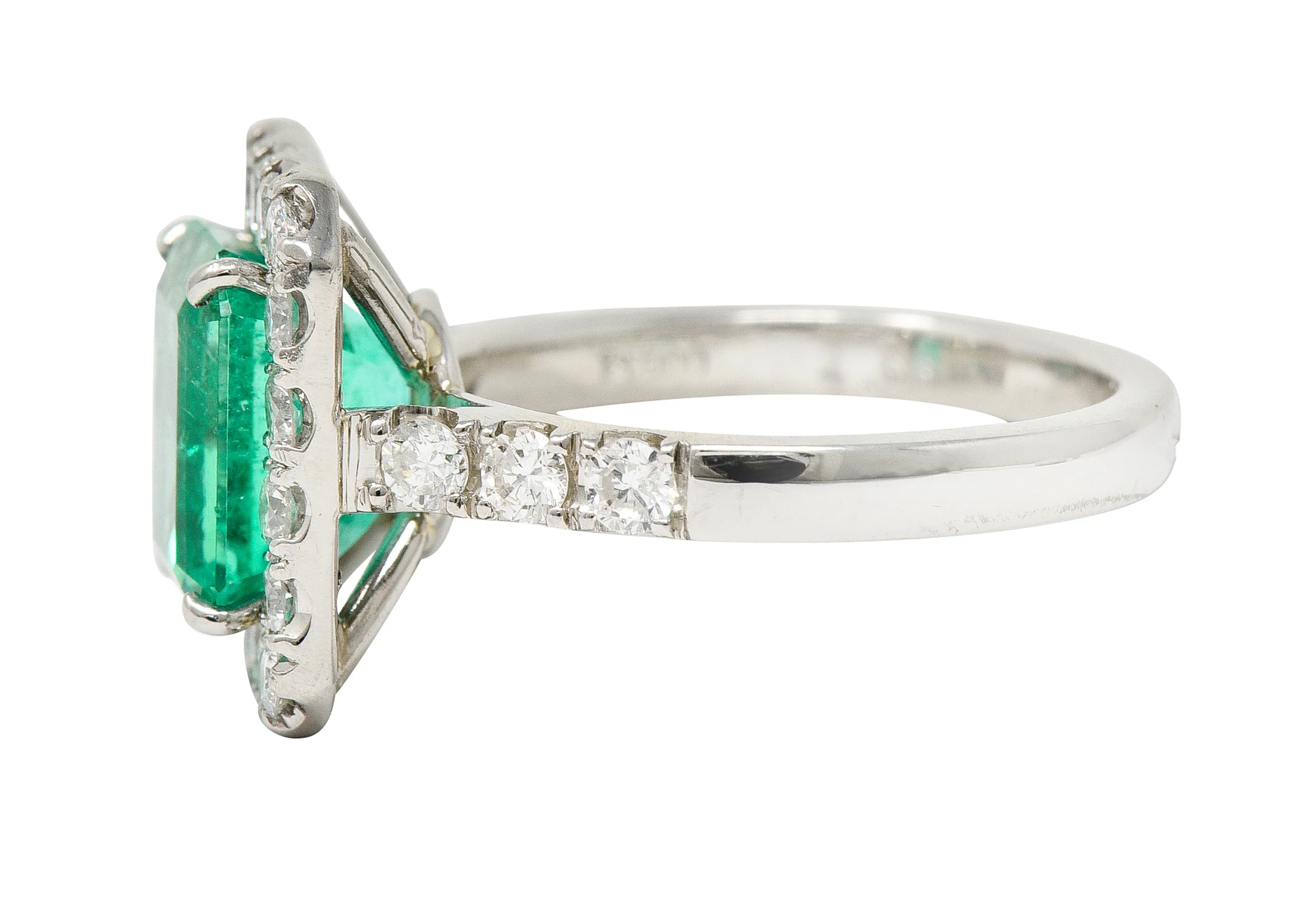 Contemporary 3.50 CTW Colombian Emerald Diamond Platinum Halo Ring GIA - Image 5