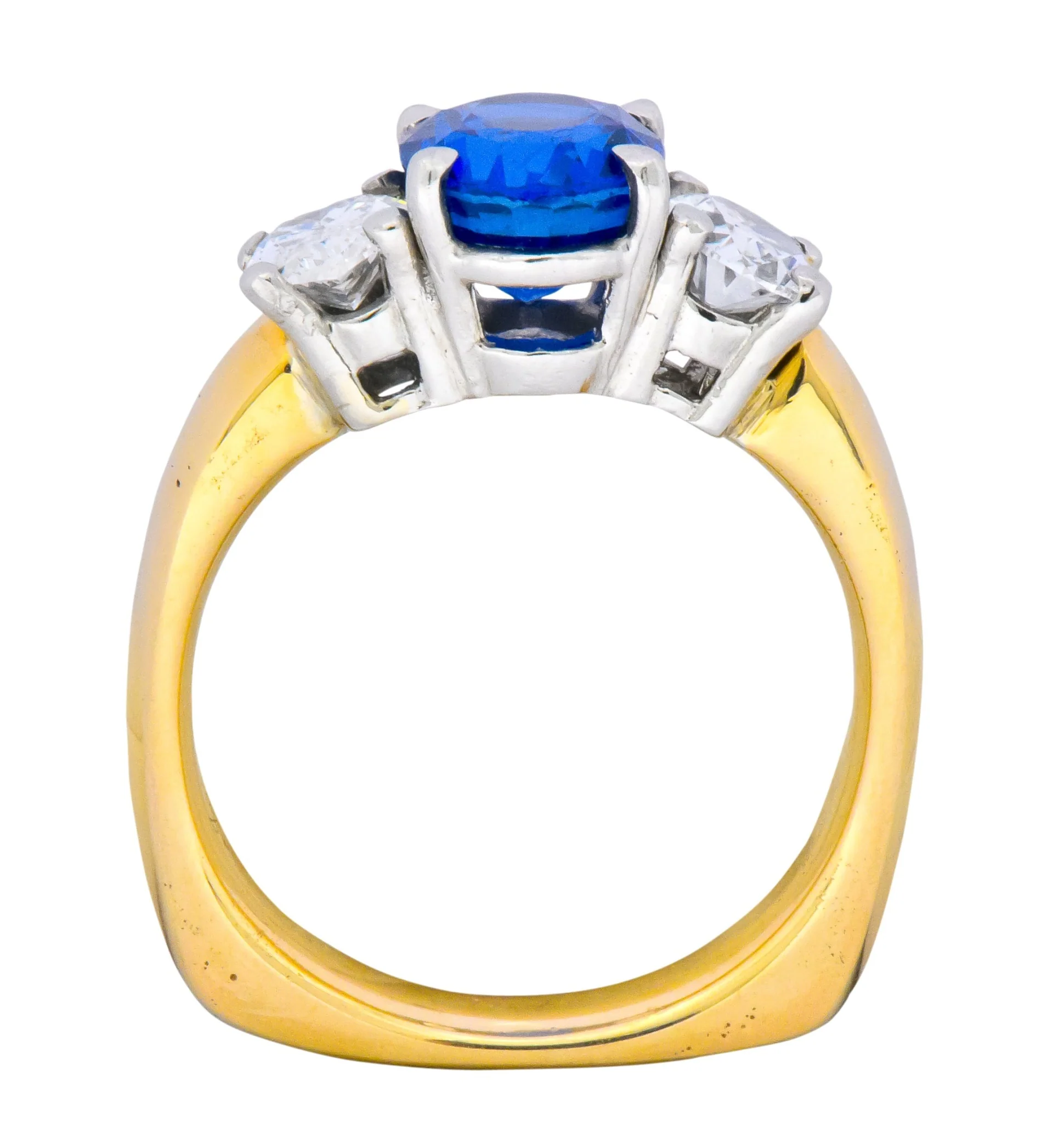 Contemporary 3.94 CTW Diamond Sapphire Platinum 14 Karat Gold Three Stone Ring GIA - Image 5