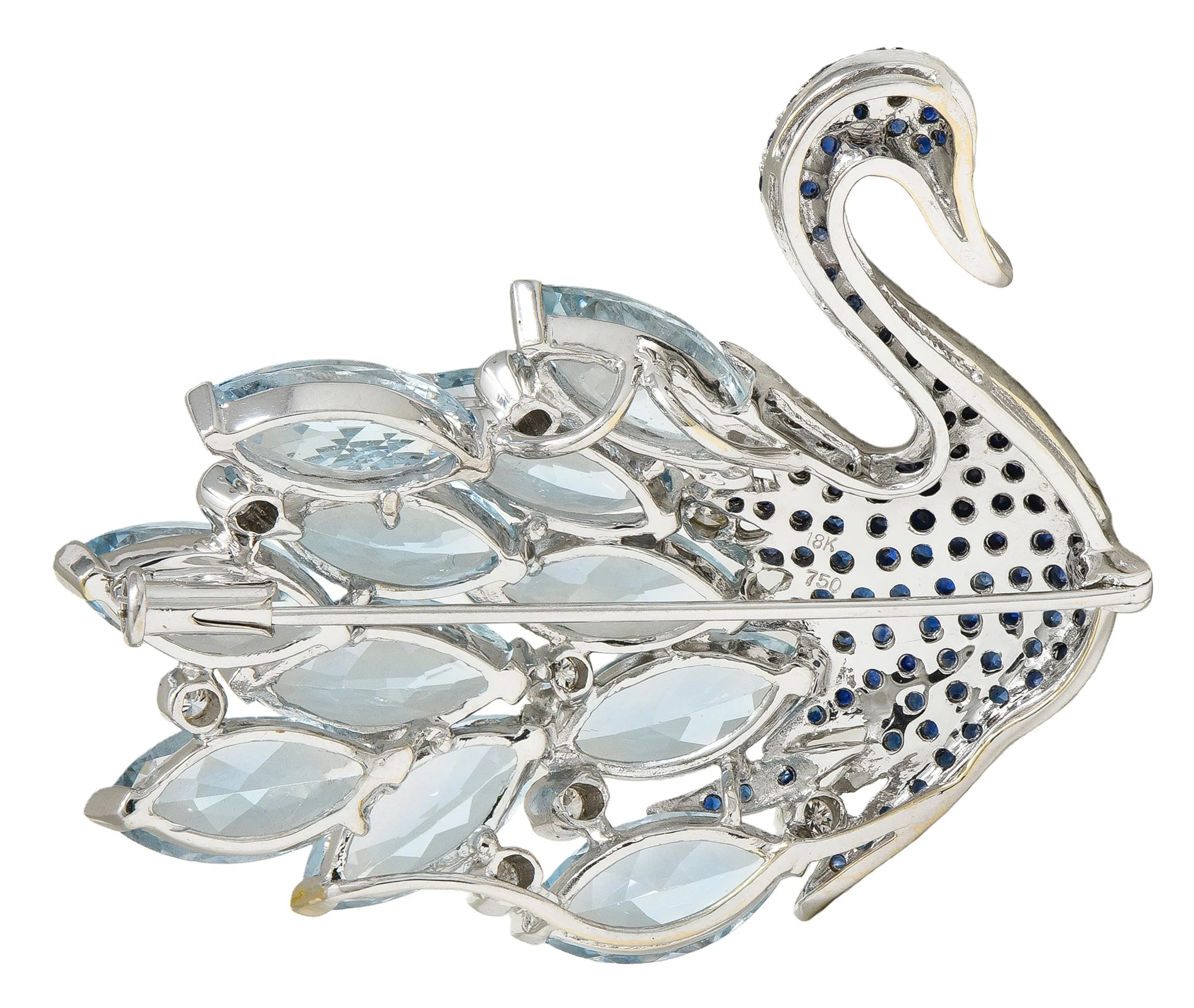Contemporary 38.90 CTW Sapphire Aquamarine Diamond 18 Karat White Gold Swan Brooch - Image 4