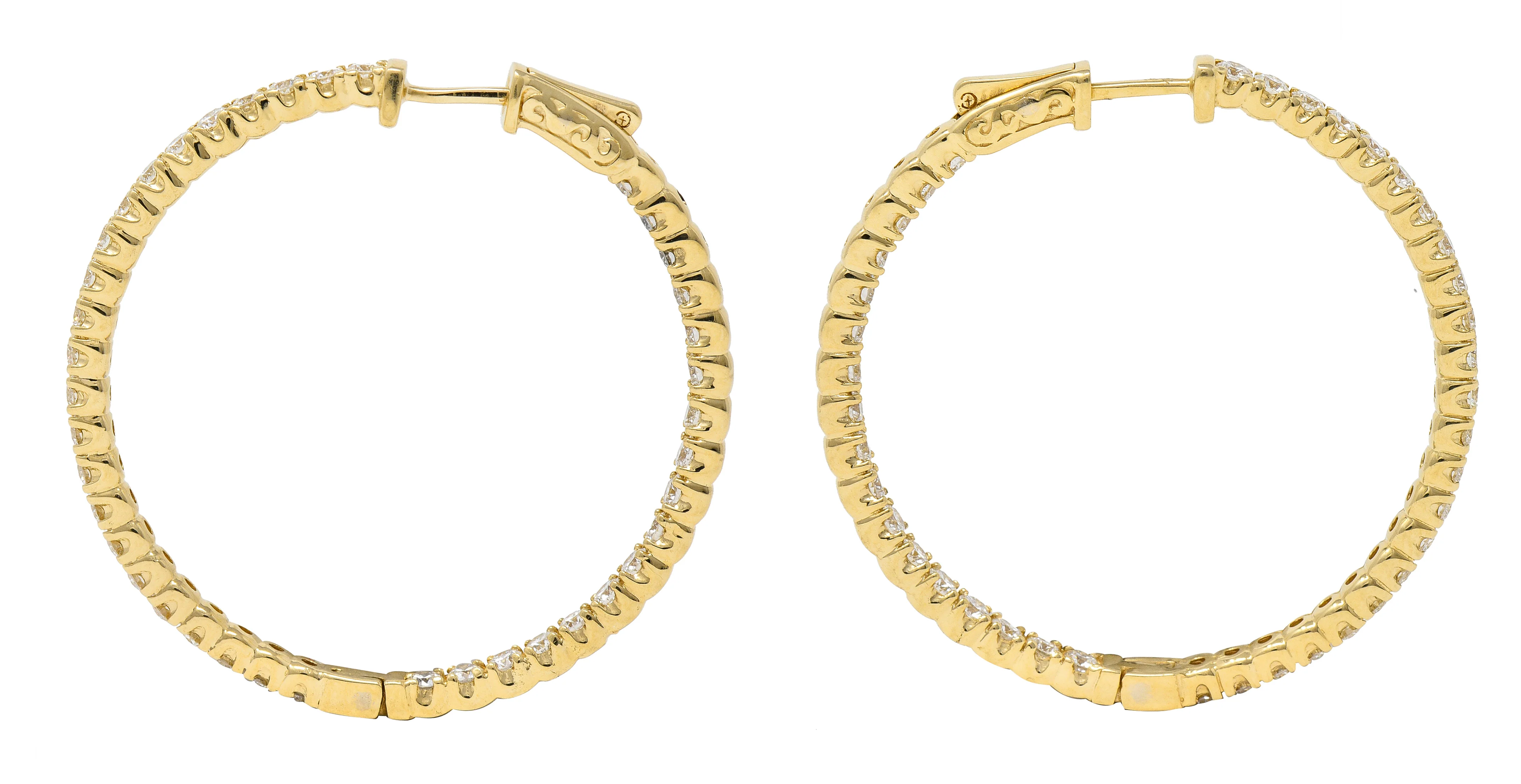 Contemporary 4.00 CTW Diamond 14 Karat Yellow Gold Round  Inside Outside Hoop Earrings - Image 4