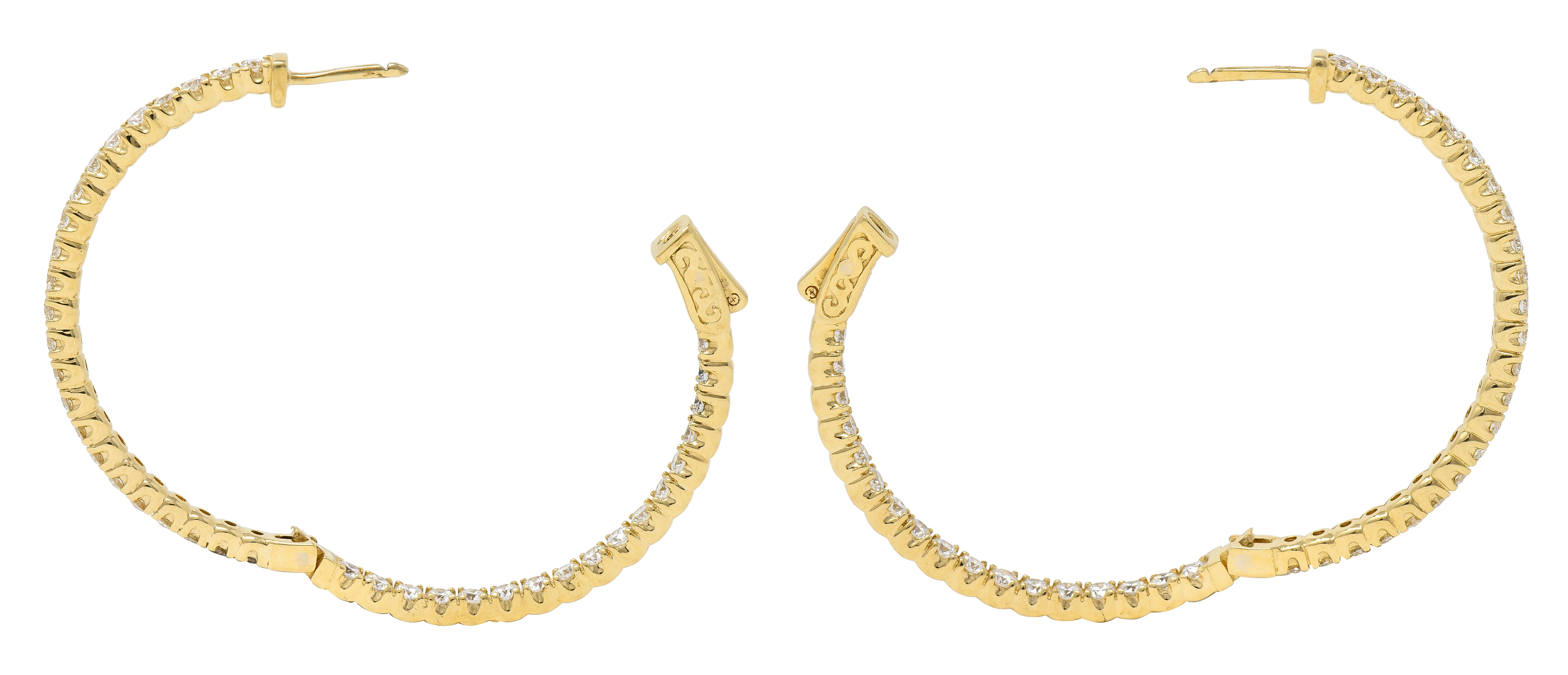 Contemporary 4.00 CTW Diamond 14 Karat Yellow Gold Round  Inside Outside Hoop Earrings - Image 7