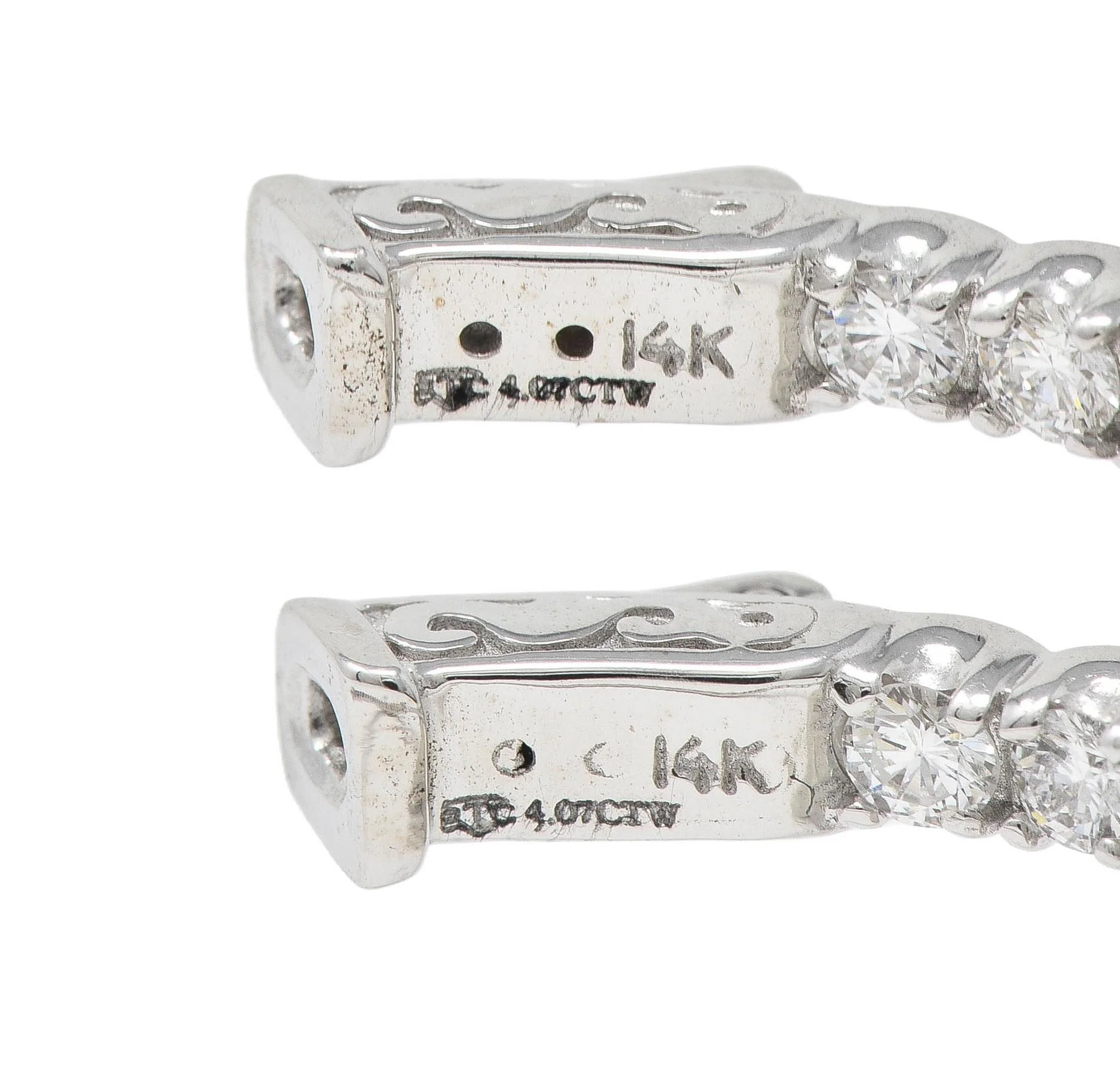 Contemporary 4.07 CTW Diamond 14 Karat White Gold Inside-Outside Hoop Earrings - Image 6