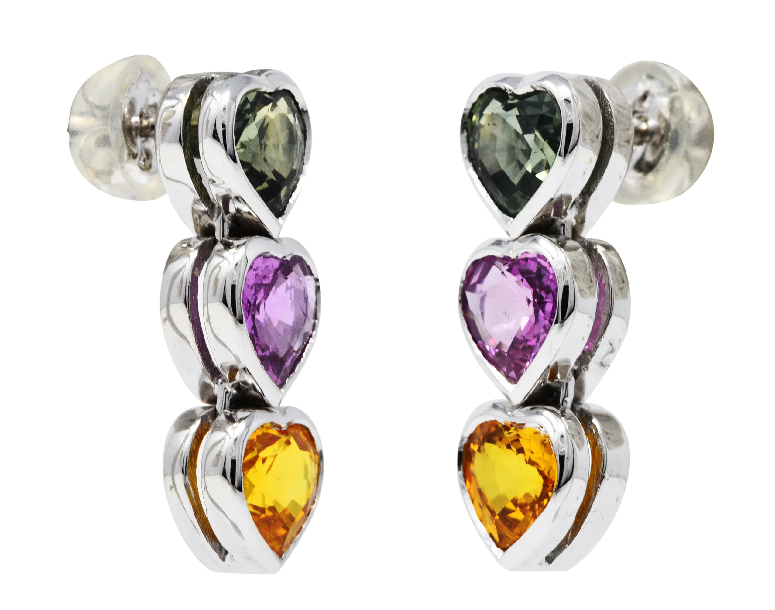 Contemporary 4.10 CTW Fancy Colored Sapphire 18 Karat White Gold Heart Drop Earrings - Image 5