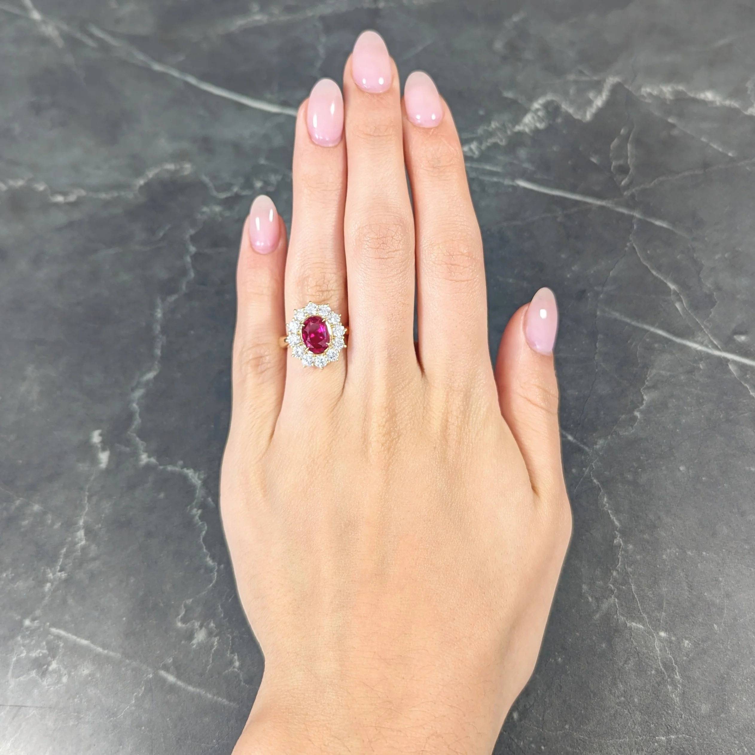 Contemporary 4.28 CTW Oval Step Cut Ruby Diamond 18 Karat Yellow Gold Halo Ring GIA - Image 10