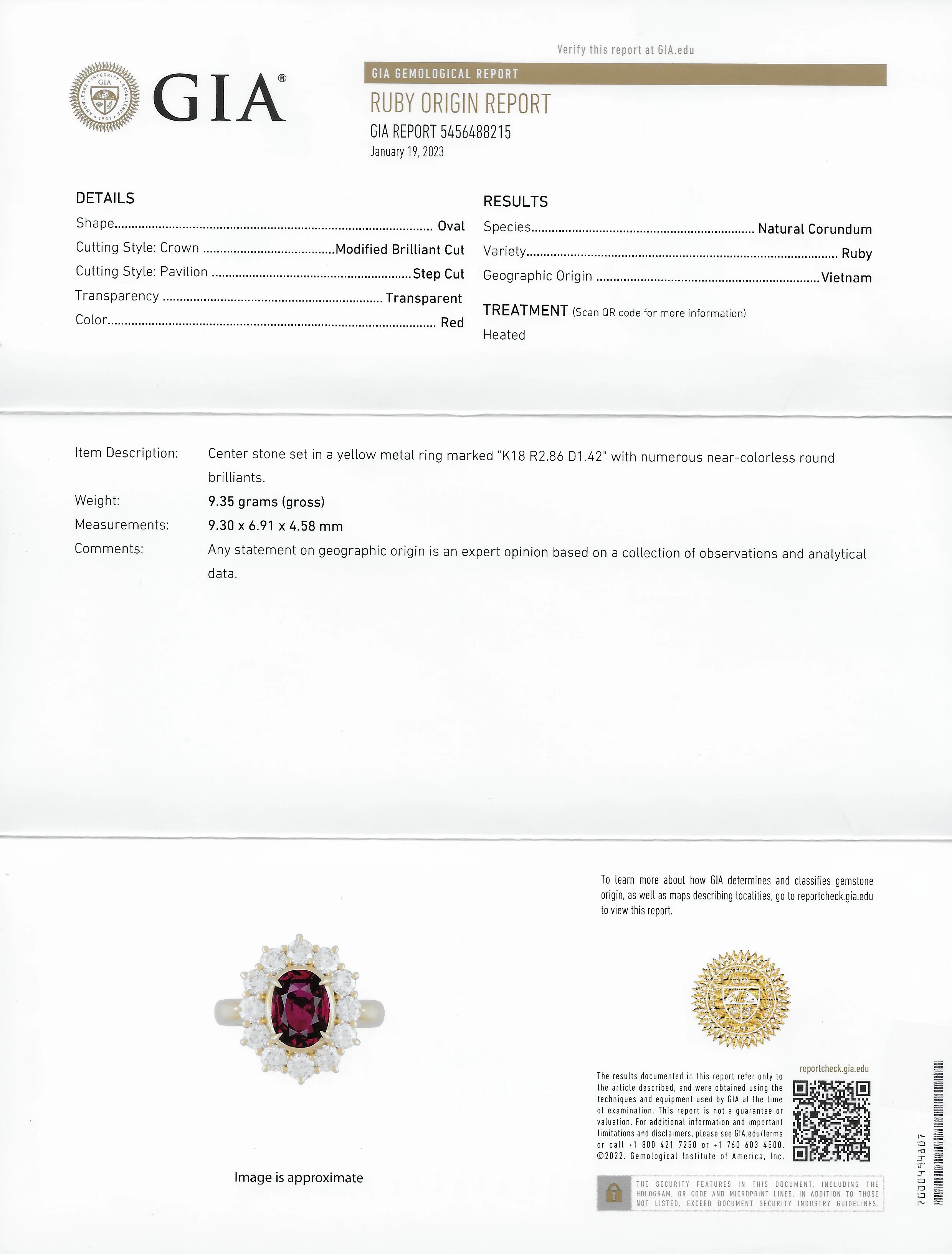 Contemporary 4.28 CTW Oval Step Cut Ruby Diamond 18 Karat Yellow Gold Halo Ring GIA - Image 13