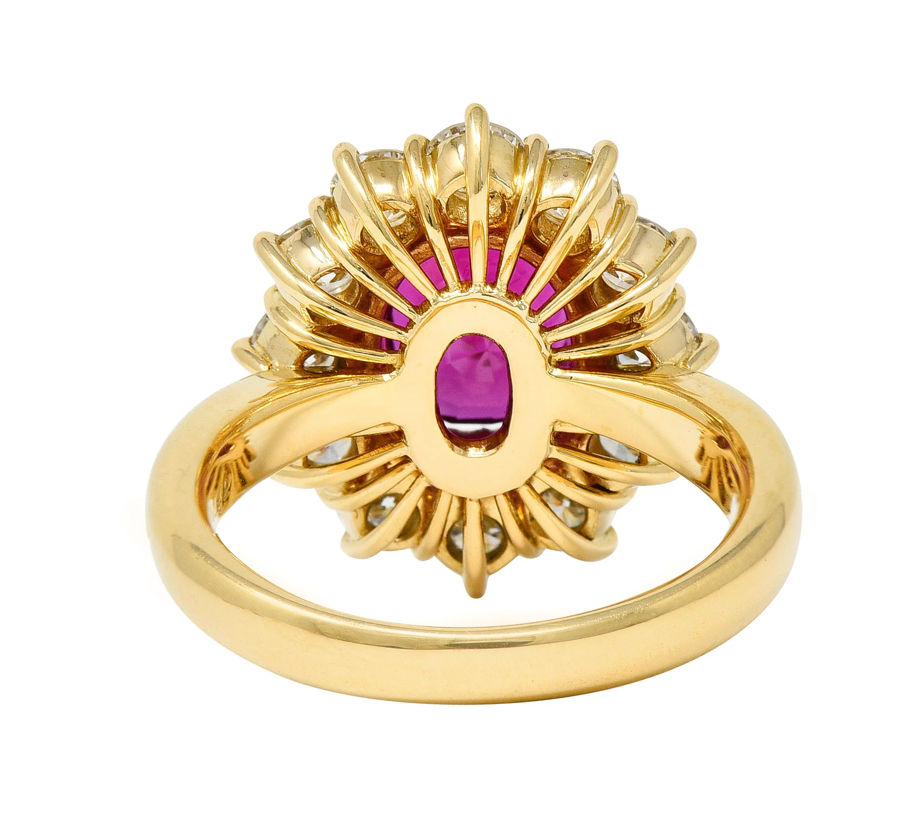 Contemporary 4.28 CTW Oval Step Cut Ruby Diamond 18 Karat Yellow Gold Halo Ring GIA - Image 4