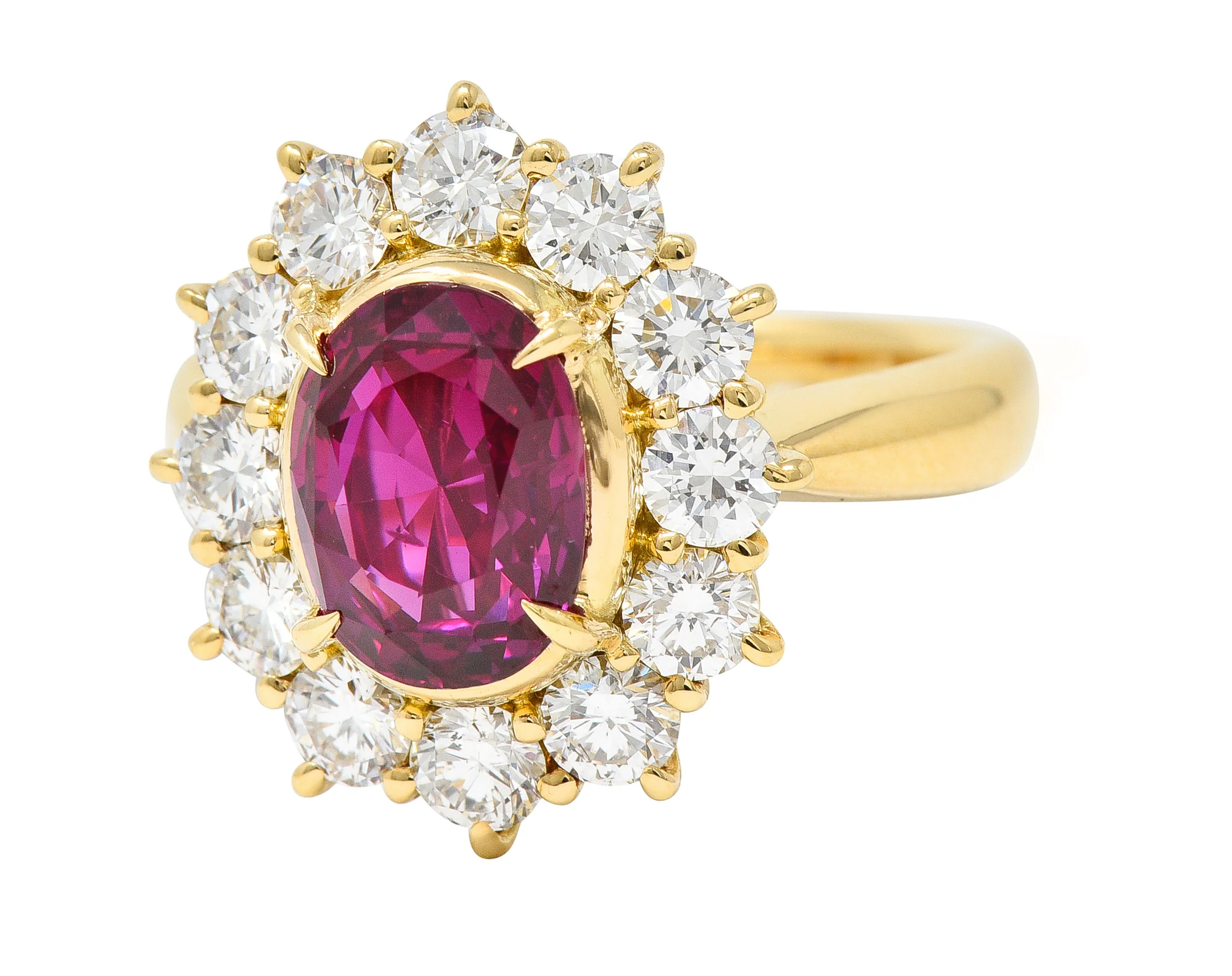 Contemporary 4.28 CTW Oval Step Cut Ruby Diamond 18 Karat Yellow Gold Halo Ring GIA - Image 6