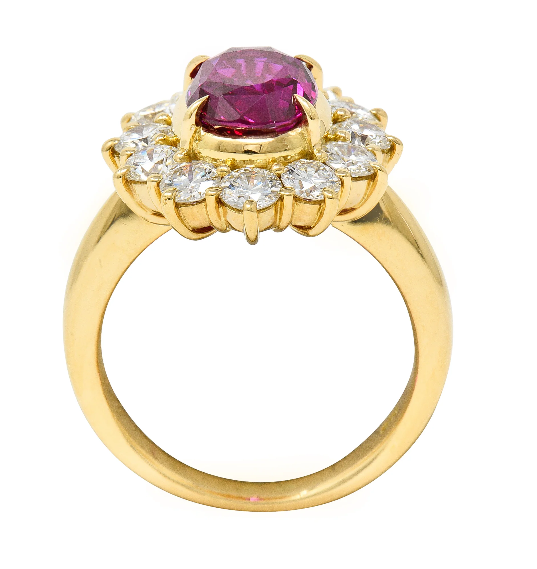 Contemporary 4.28 CTW Oval Step Cut Ruby Diamond 18 Karat Yellow Gold Halo Ring GIA - Image 9