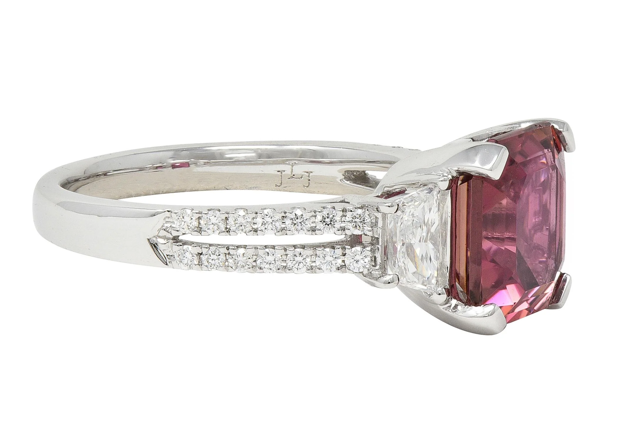 Contemporary 4.32 CTW Tourmaline Diamond 18 Karat White Gold Three Stone Ring - Image 2