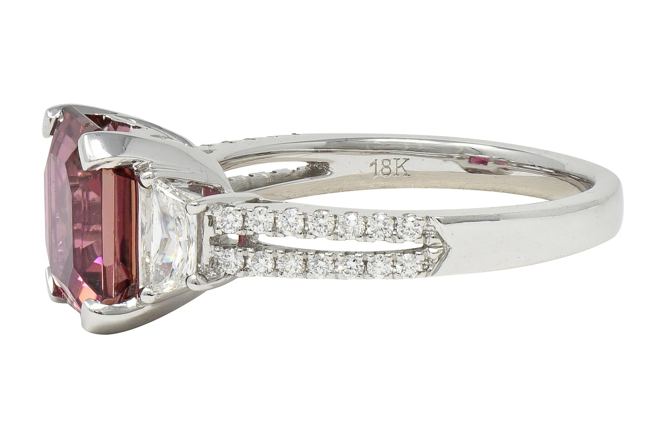 Contemporary 4.32 CTW Tourmaline Diamond 18 Karat White Gold Three Stone Ring - Image 4