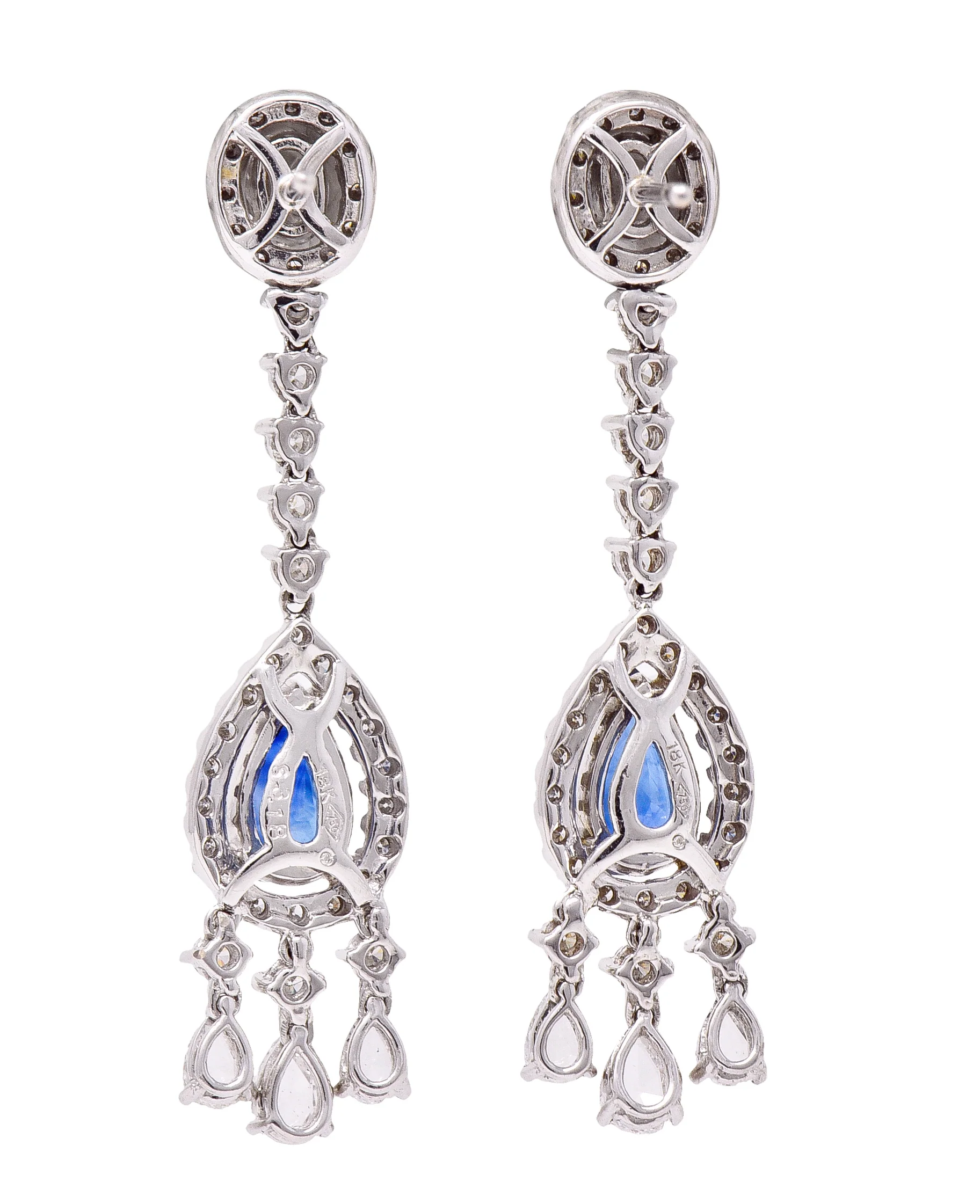 Contemporary 4.46 CTW Pear Cut sapphire Diamond 18 Karat White Gold Fringe Drop Earrings - Image 3
