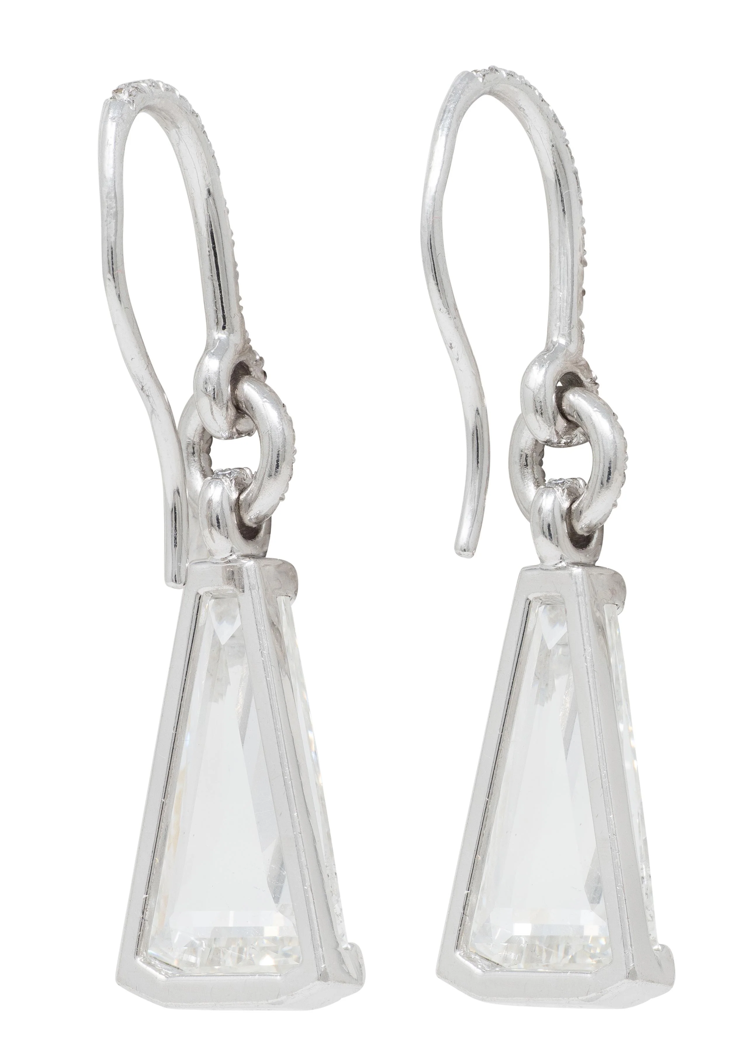 Contemporary 4.62 CTW Trapezoid Diamond 18 Karat White Gold Drop Earrings - Image 4