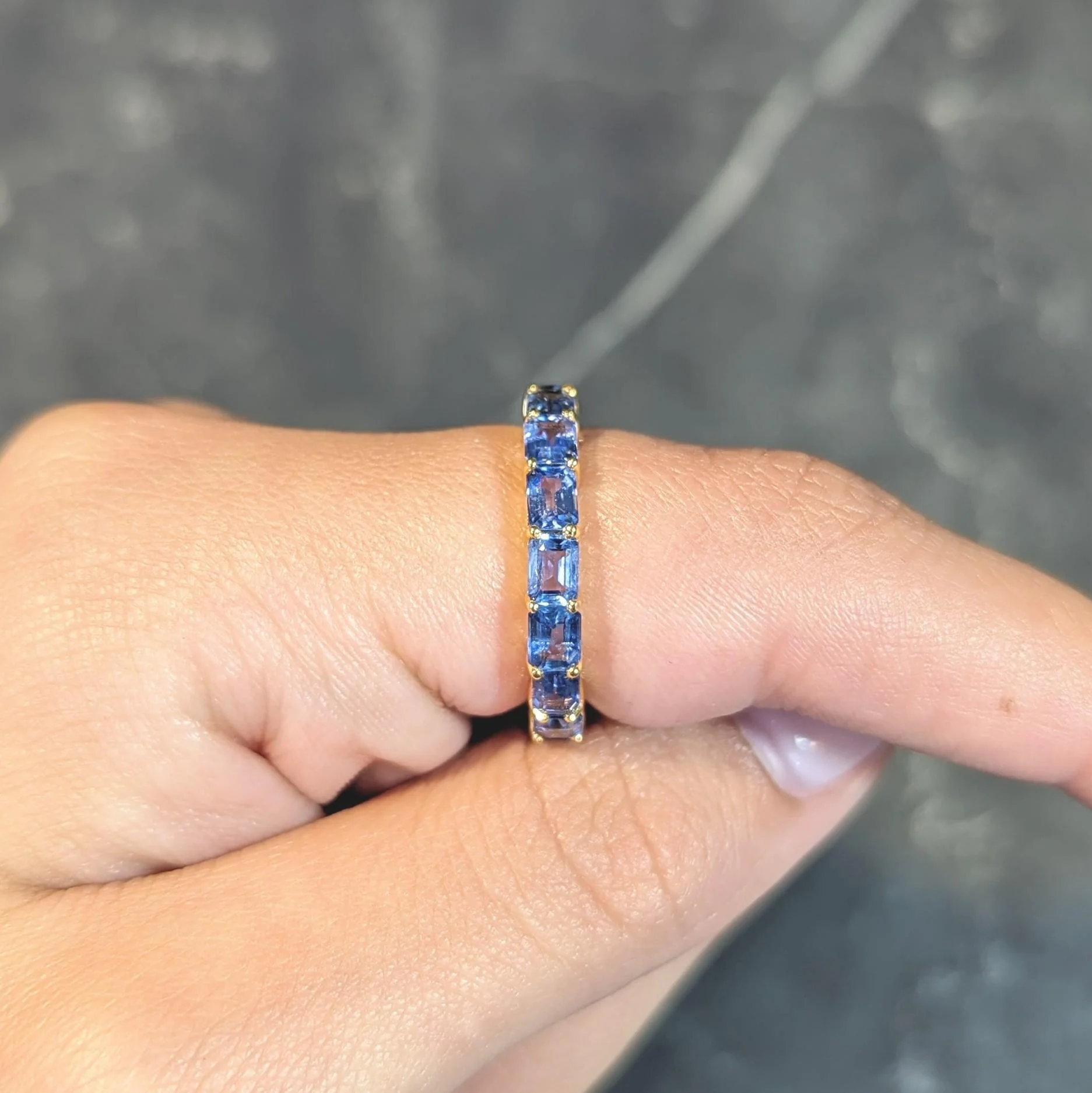 Contemporary 4.80 CTW Emerald Cut Sapphire 18 Karat Yellow Gold Eternity Band Ring - Image 9