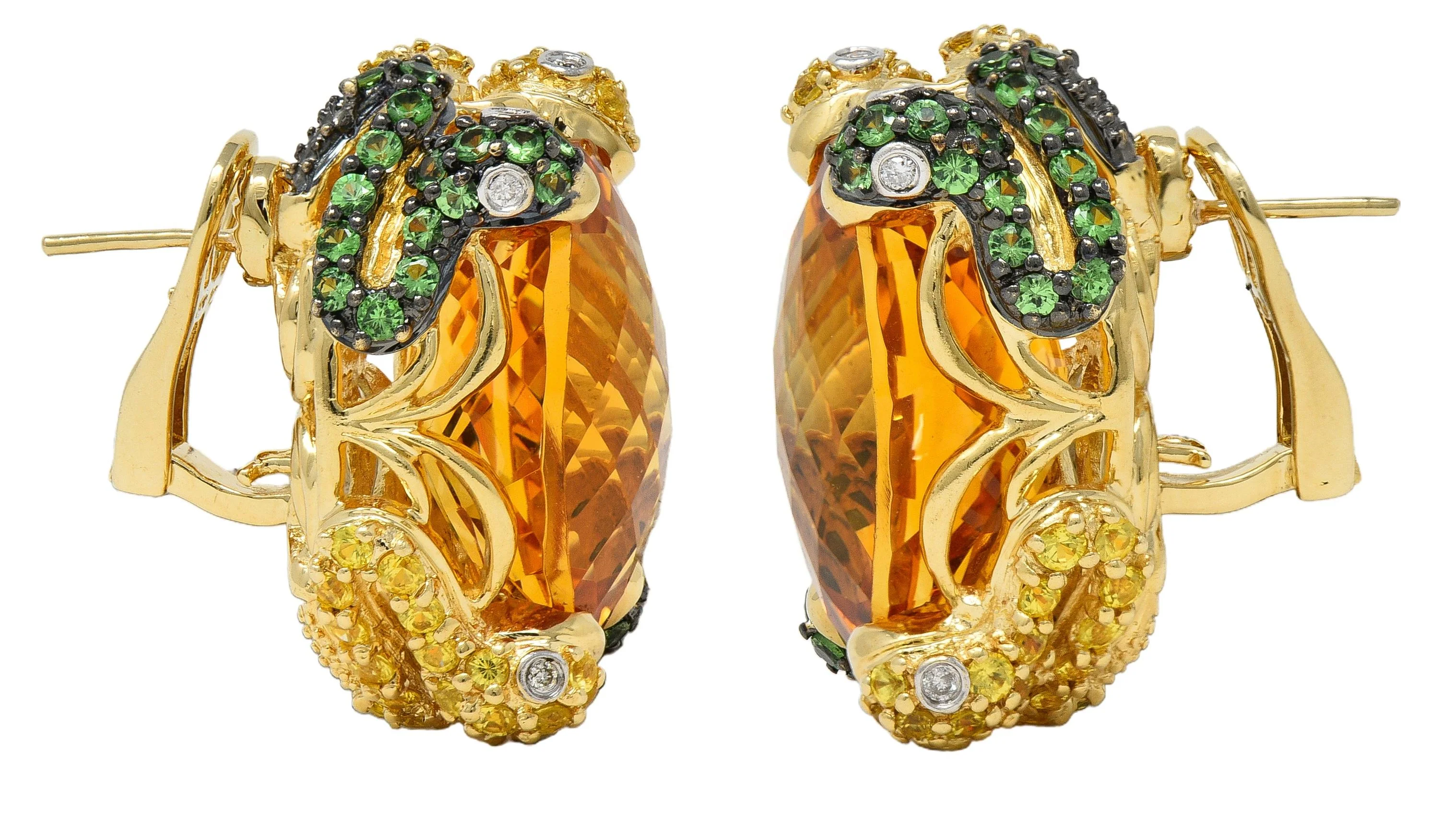 Contemporary 40.24 CTW Citrine Diamond Sapphire Tsavorite 14 Karat Yellow Gold Snake Earrings - Image 4